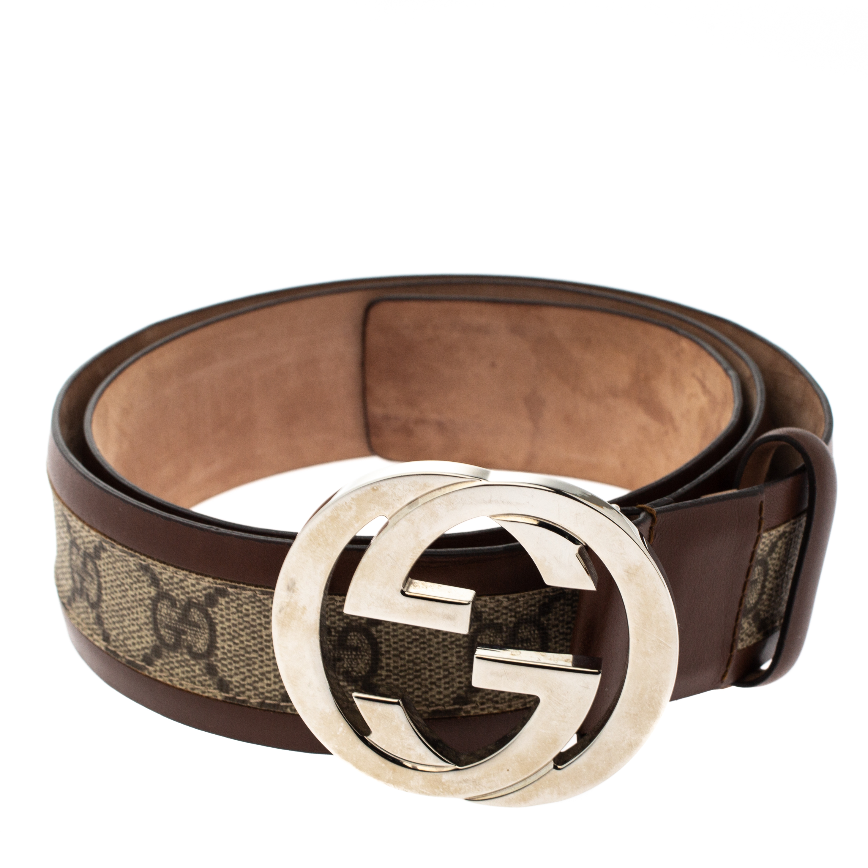 

Gucci Brown/Beige GG Supreme Canvas and Leather Interlocking G Buckle Belt
