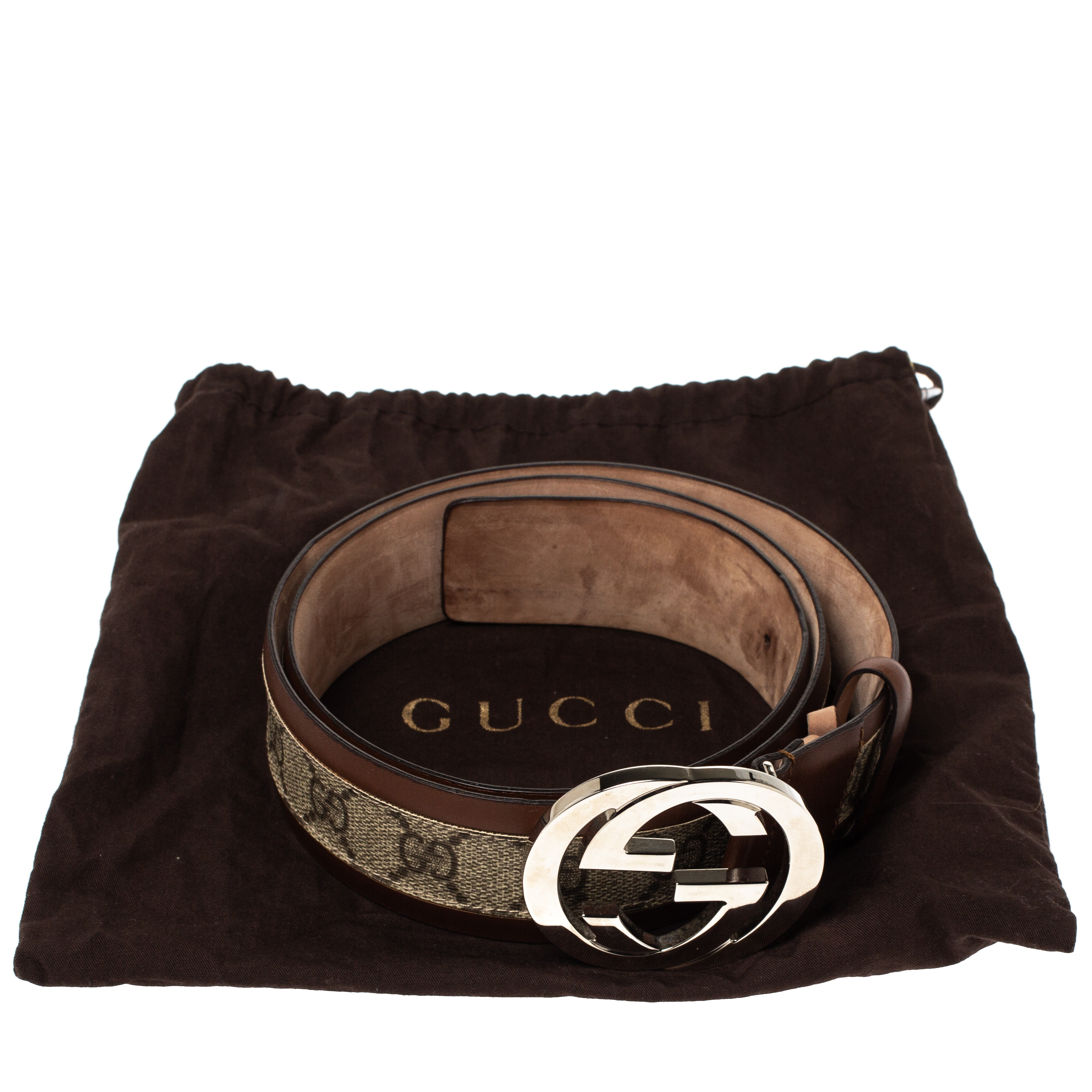 Authenticated Used Gucci belt beige brown silver interlocking 114876 40mm  canvas leather GUCCI waist long GG men 