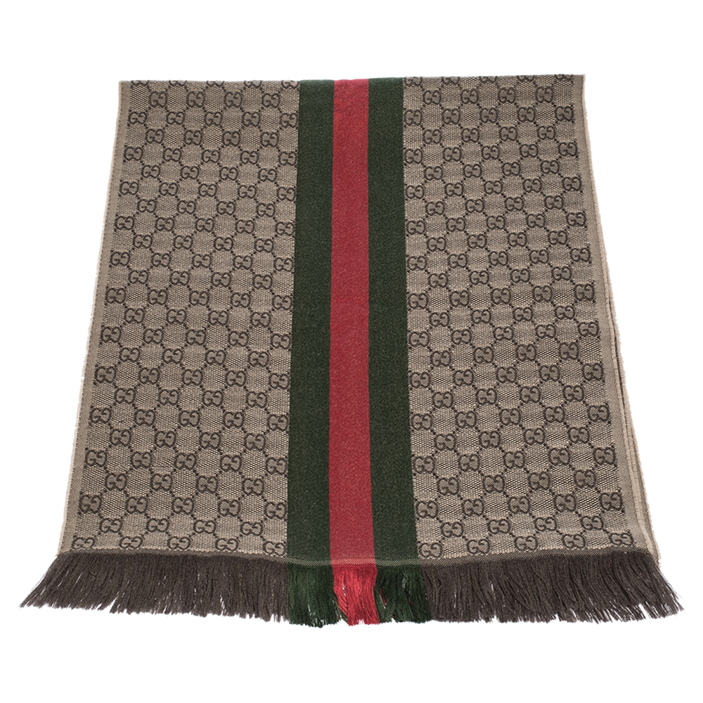 

Gucci Brown Web Striped GG Jacquard Knit Wool & Silk Scarf