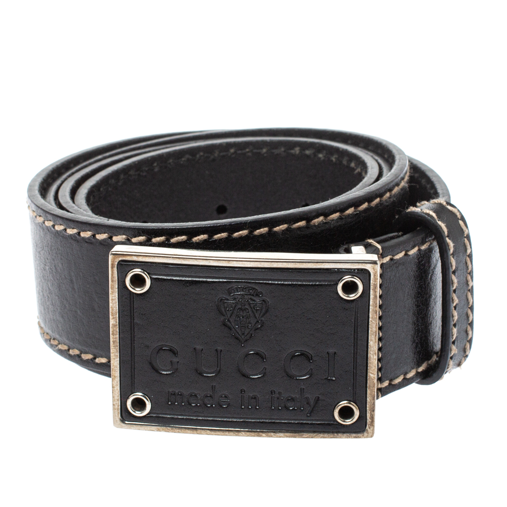 

Gucci Black Leather Logo Plaque Buckle Belt