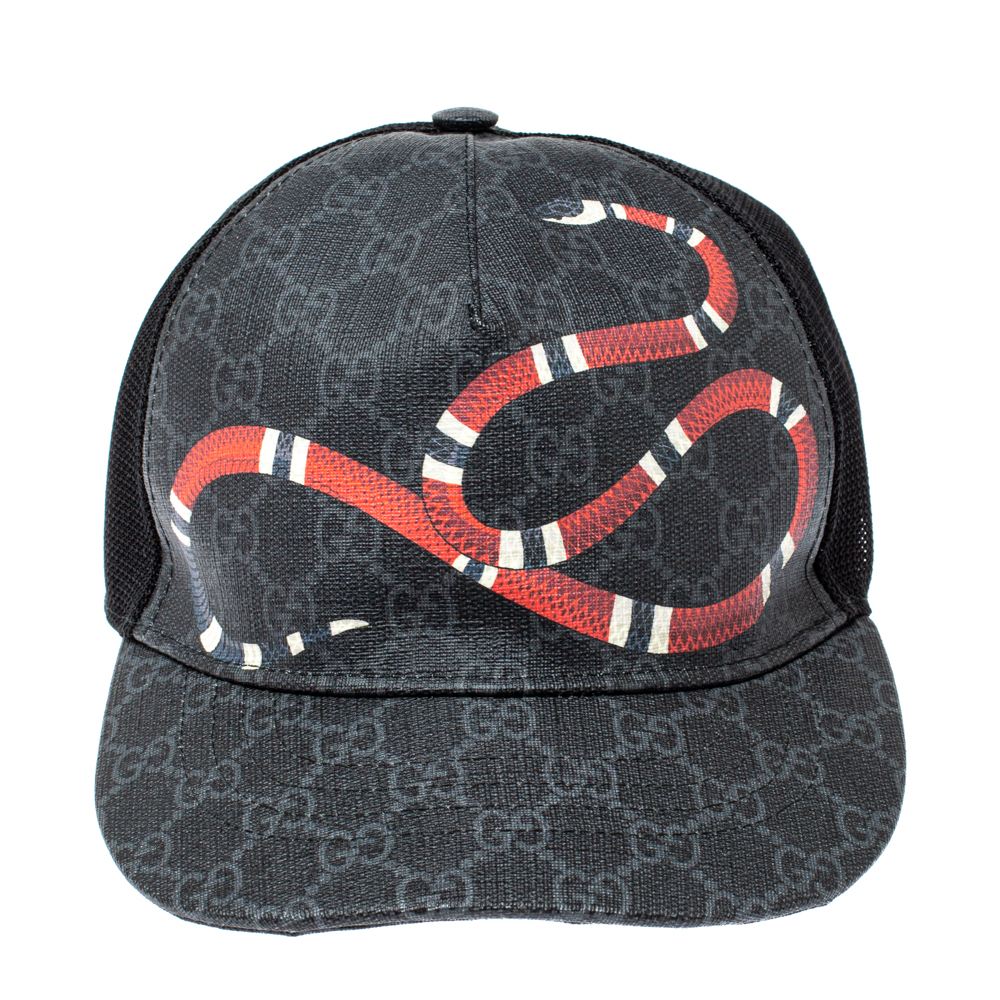 

Gucci Grey/Black Kingsnake Print GG Supreme Canvas Baseball Cap, Beige