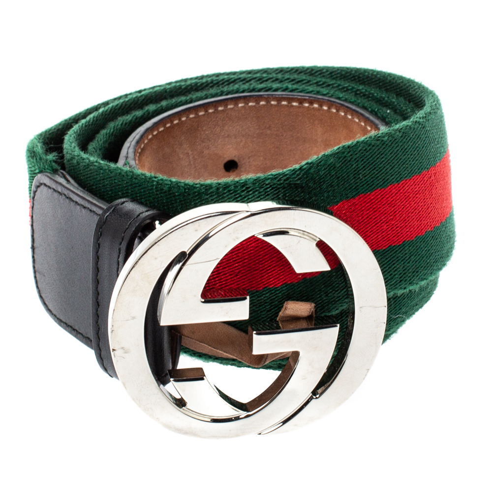 

Gucci Green/Red Web Canvas and Leather Interlocking GG Buckle Belt