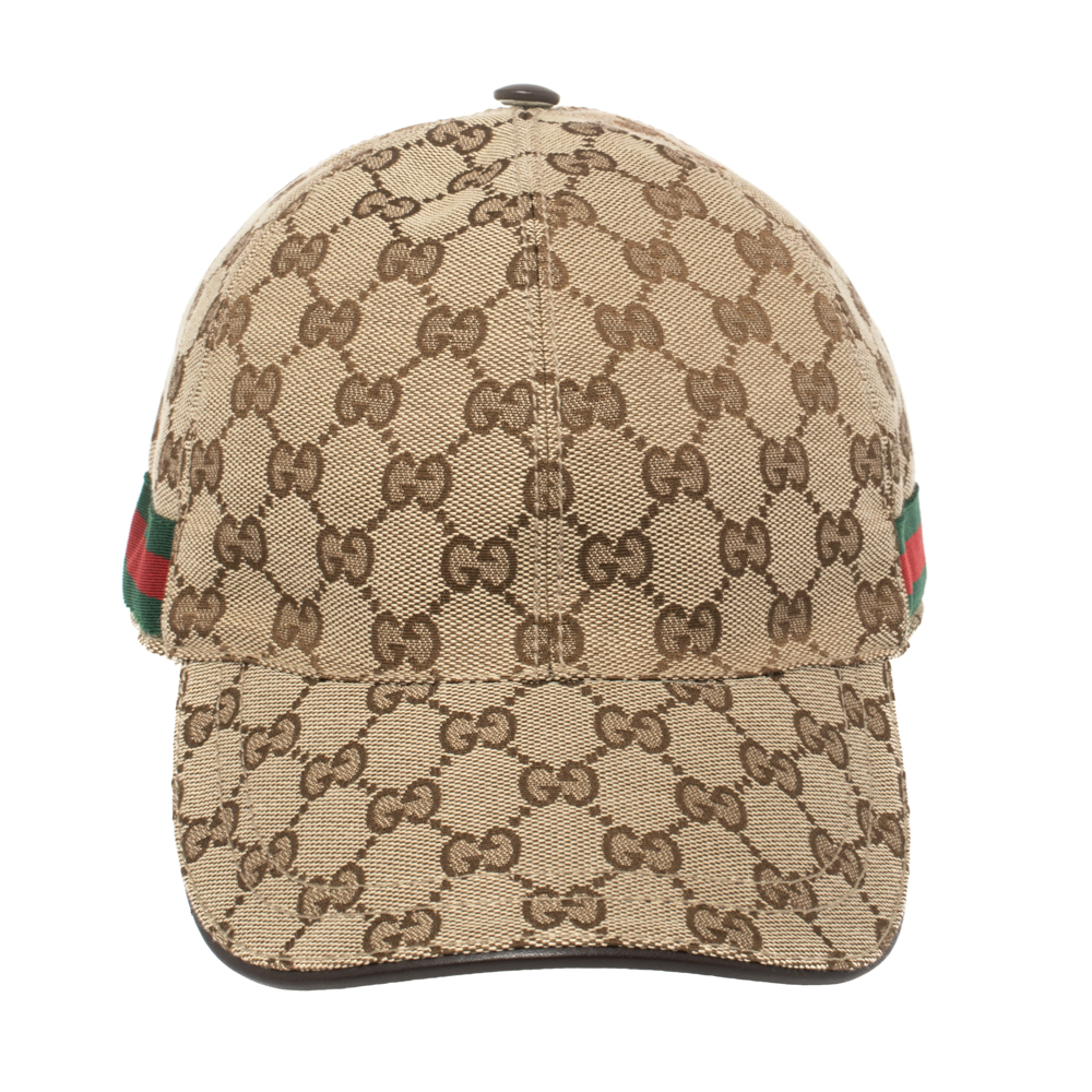 

Gucci Beige Logo Monogram Web Stripe Detail Canvas Baseball Cap, Brown