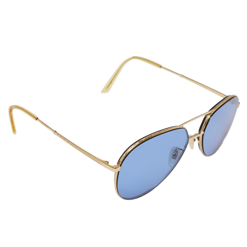Pre-owned Gucci Gold Tone/ Blue Gg0356s Aviator Sunglasses