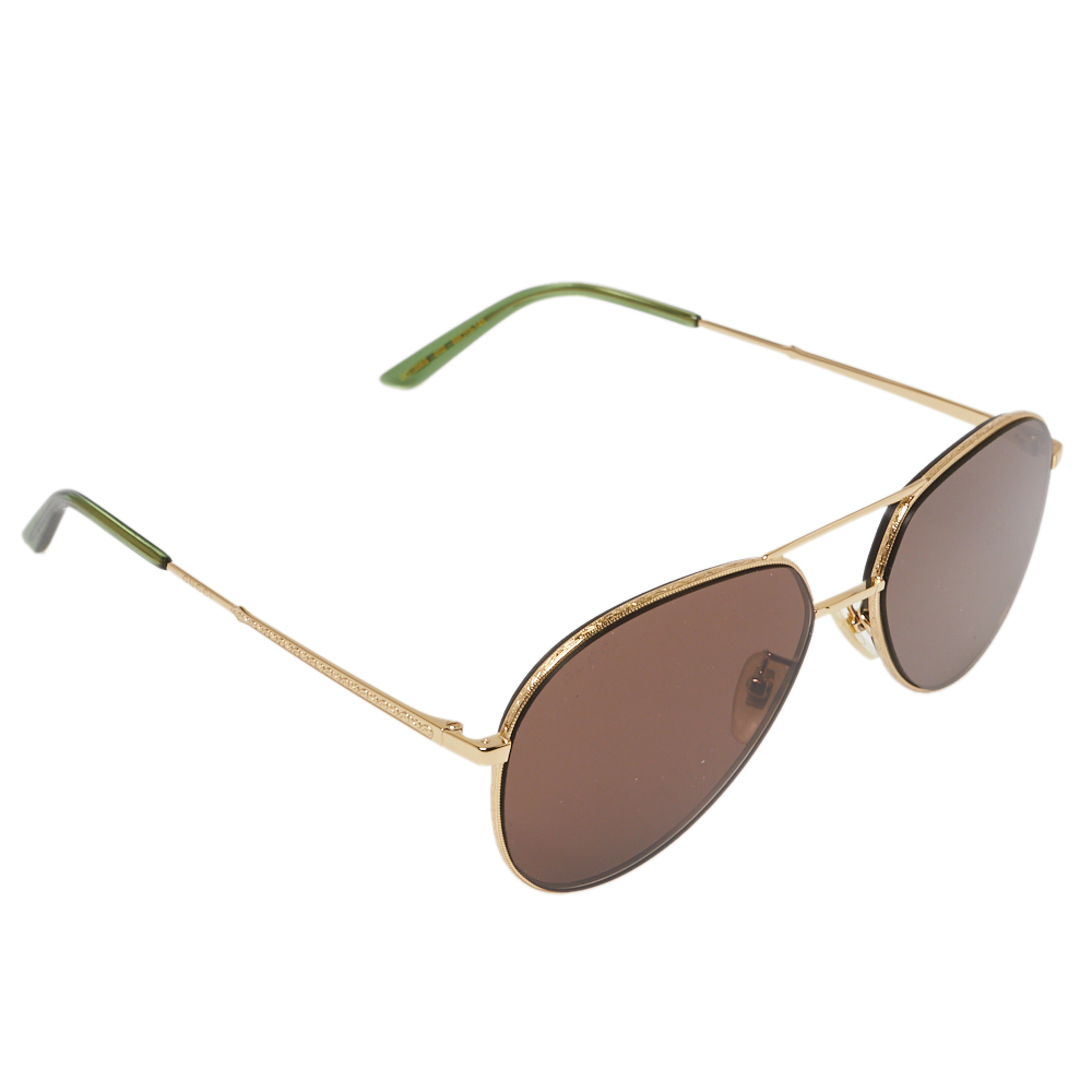 Pre-owned Gucci Gold Tone/brown Gg0356s Aviator Sunglasses