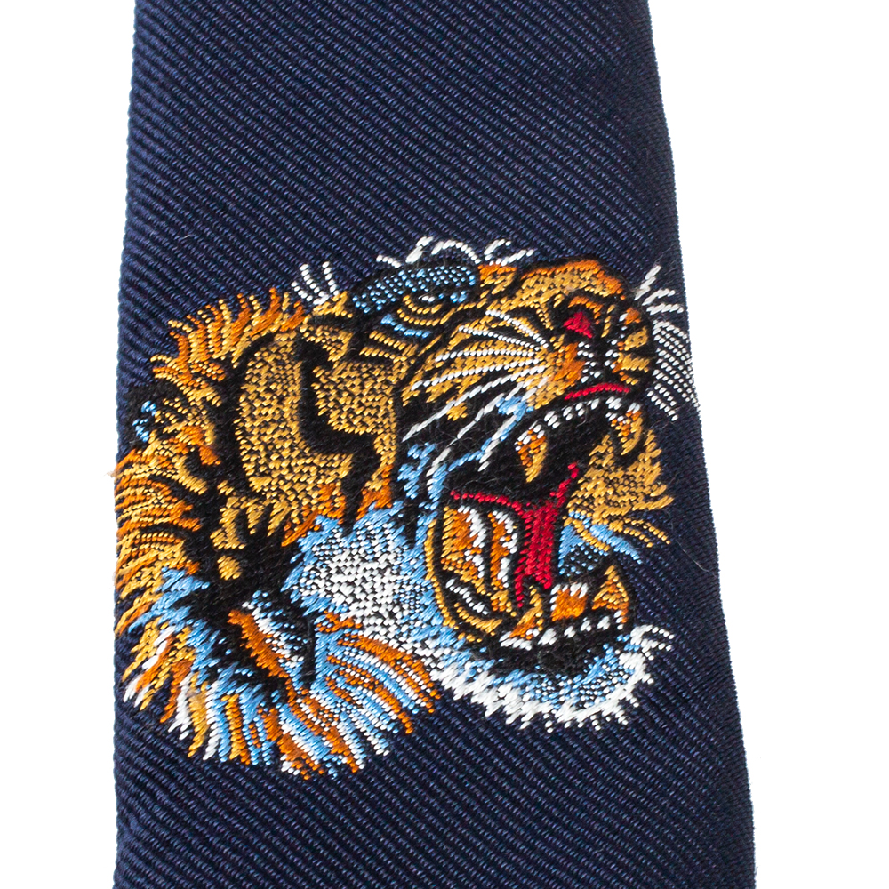 

Gucci Navy Blue Tiger Embroidered Silk Skinny Tie