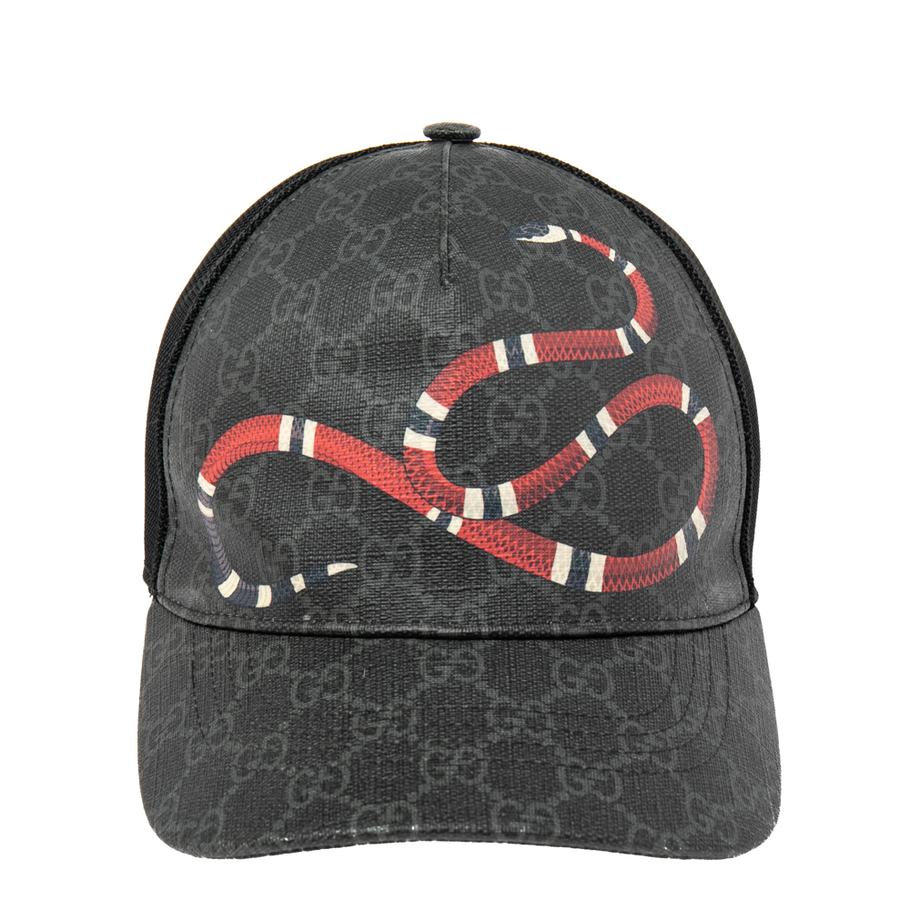 

Gucci Black Kingsnake Print GG Supreme Leather Baseball Cap (58)