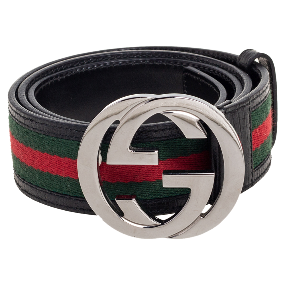 

Gucci Green/Red Web Fabric and Leather Interlocking GG Buckle Belt, Black