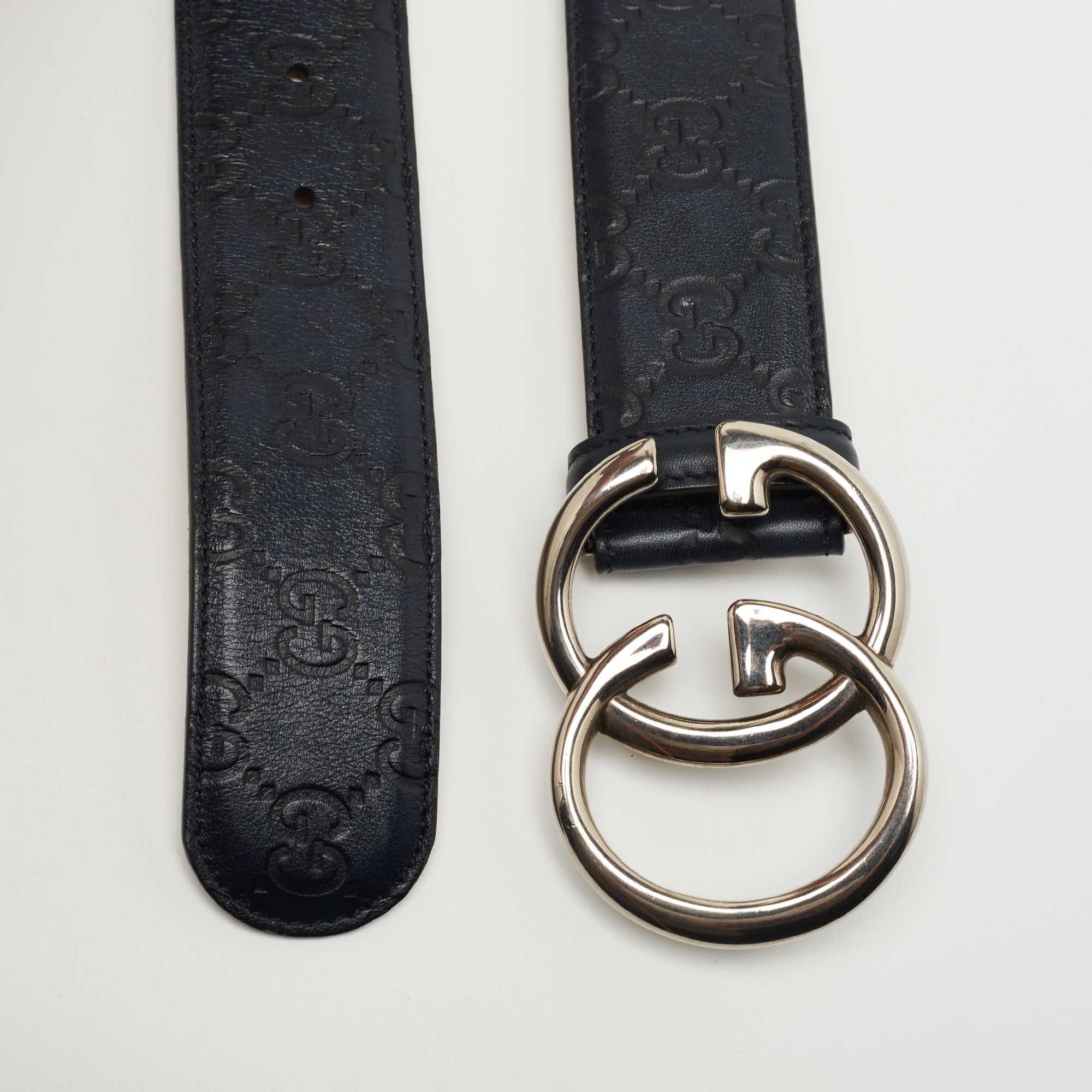 

Gucci Nay Blue Guccissima Leather Double G Buckle Belt, Navy blue