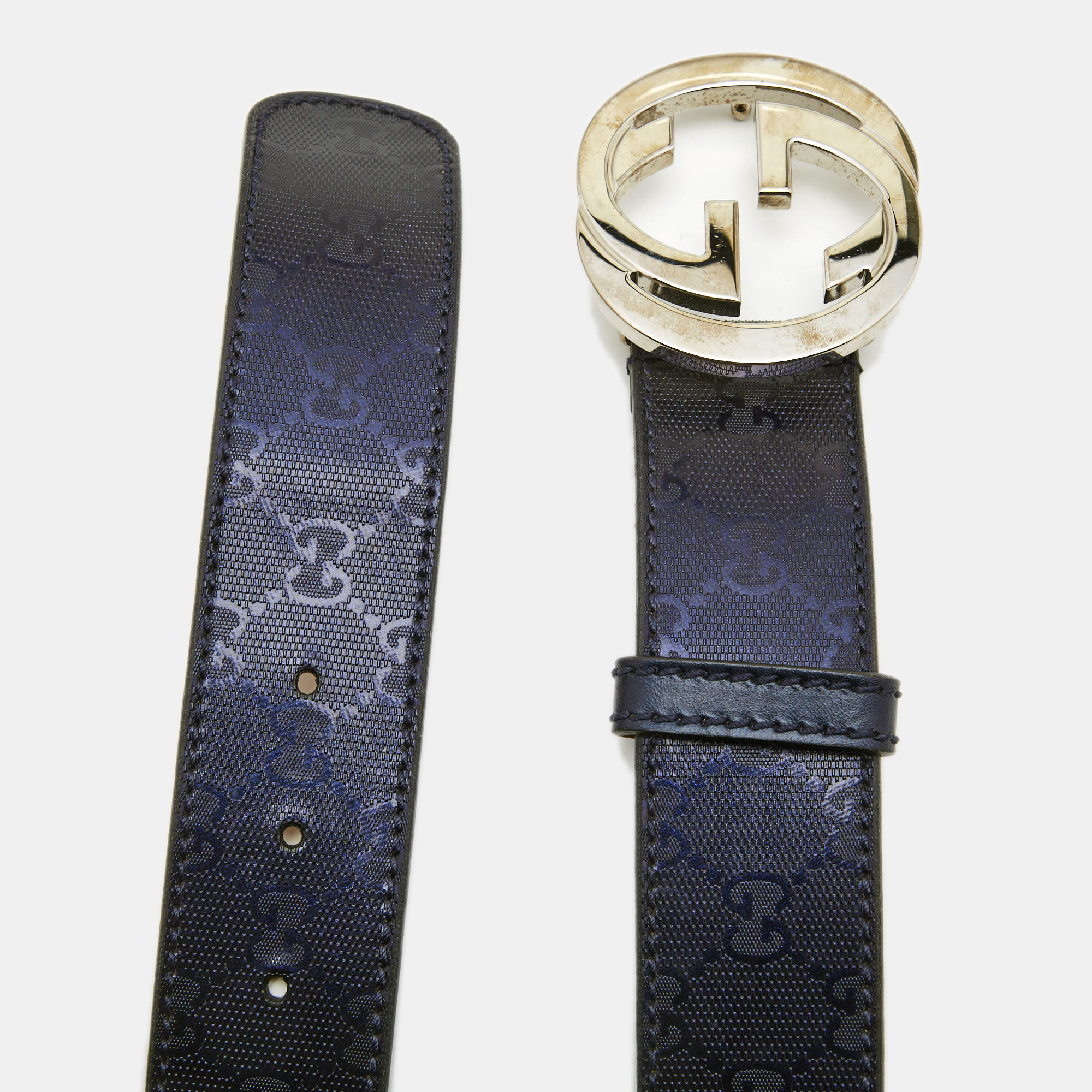 

Gucci Dark Blue GG Imprime Coated Canvas Interlocking G Belt Size