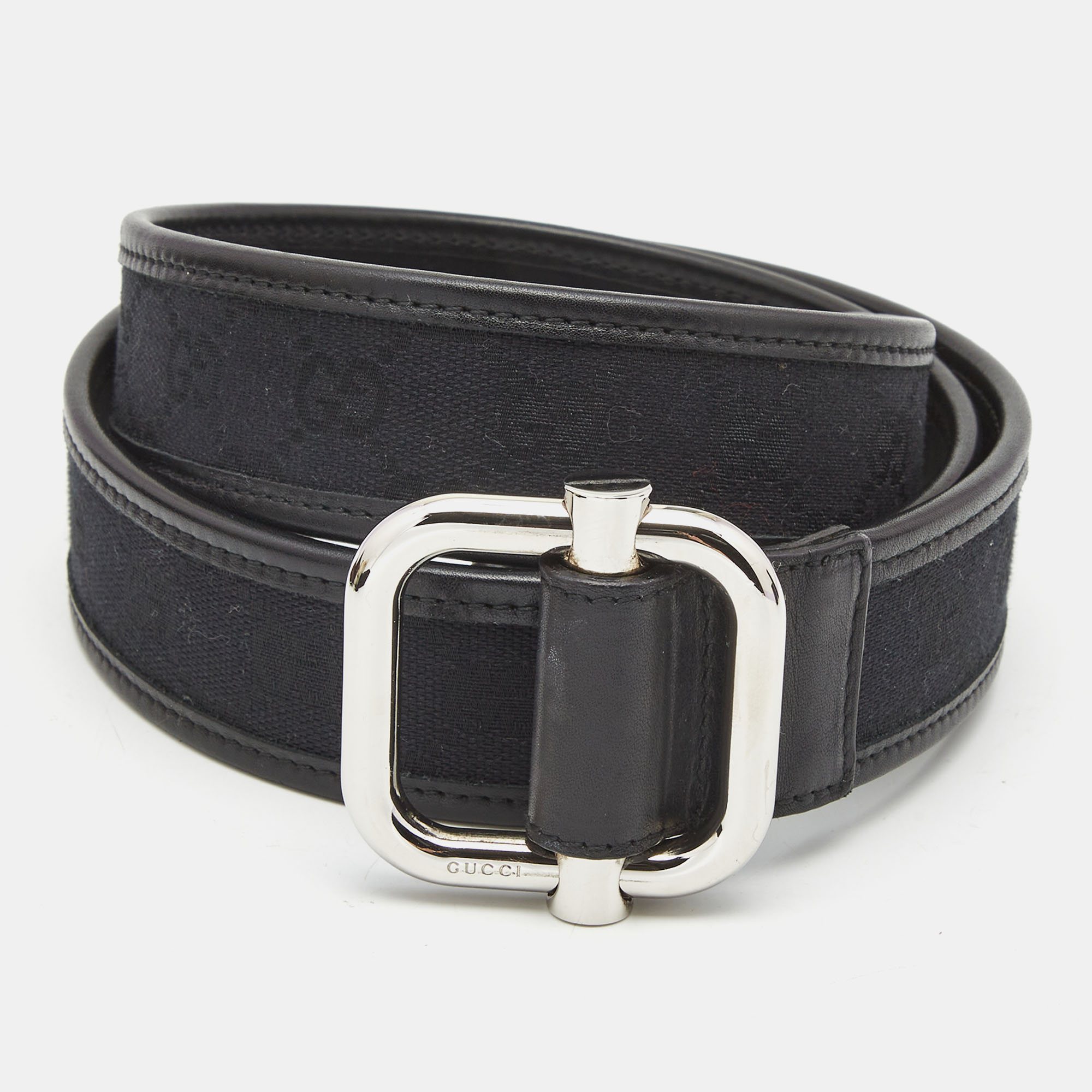 Pre-owned Gucci Black Gg Canvas And Leather Buckle Belt 85cm