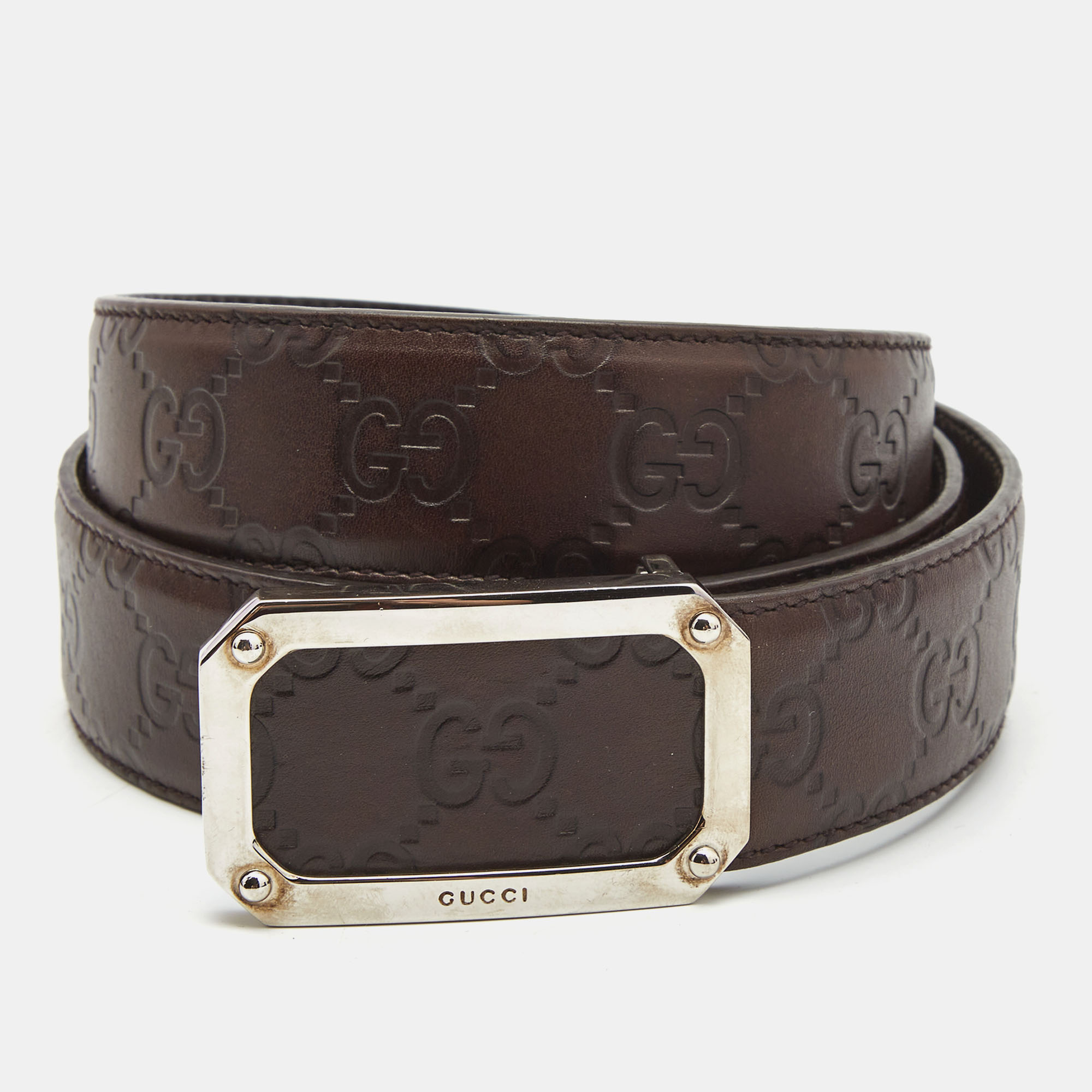 Pre Owned Gucci Dark Brown Guccissima  Leather Square Buckle Belt 100CM