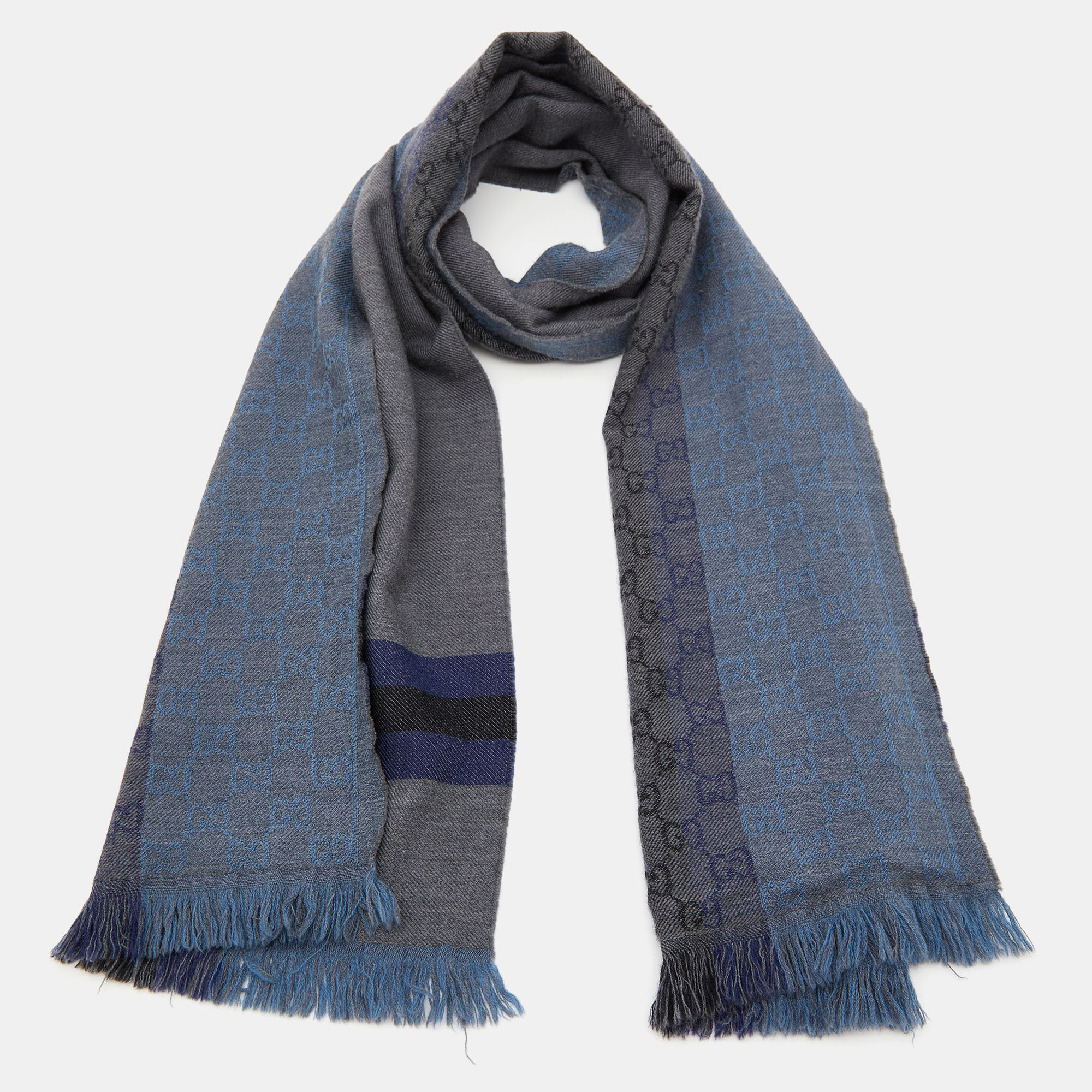 

Gucci Grey & Blue Guccissima Striped patterned Wool Muffler