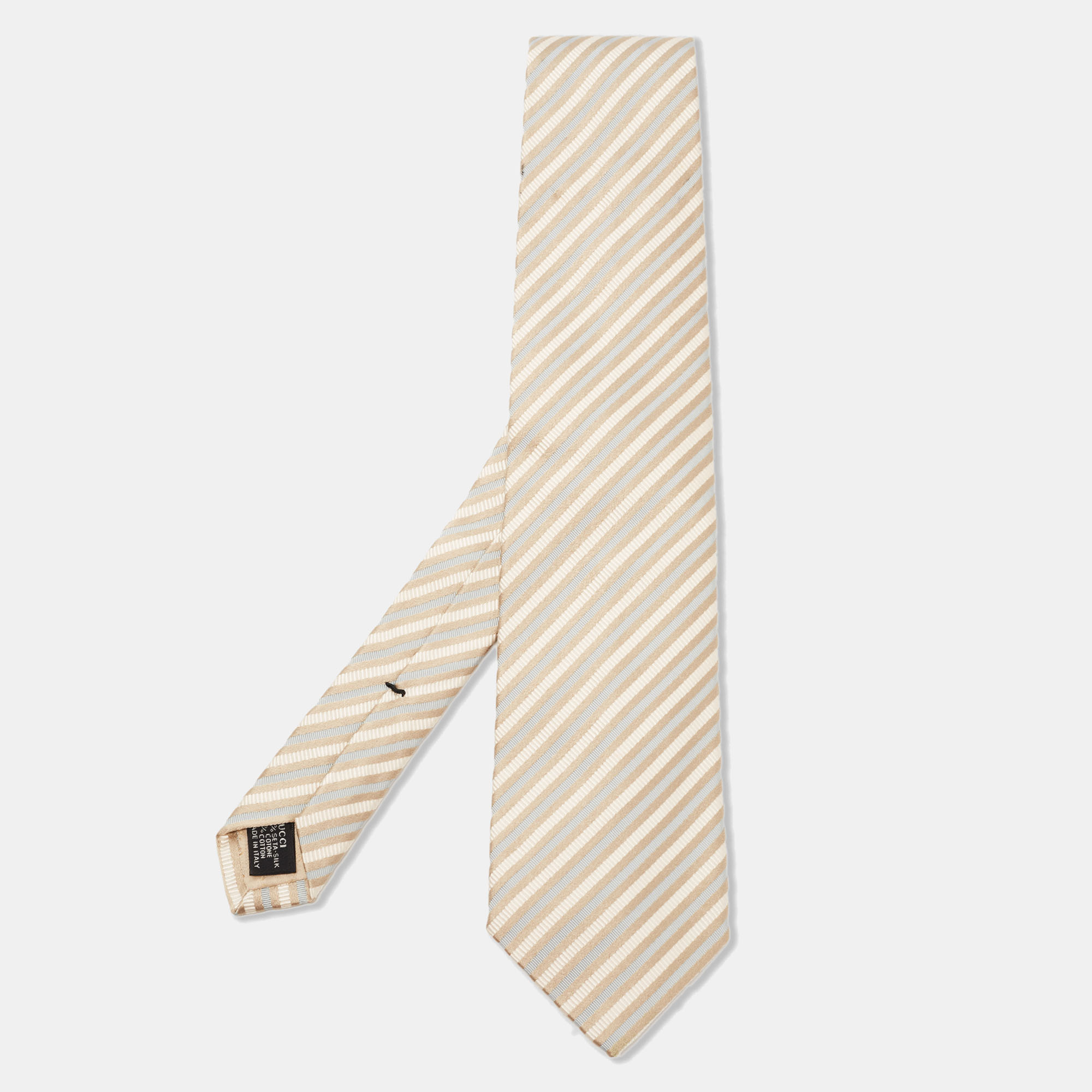 Pre-owned Gucci Beige Diagonal Striped Cotton & Silk Tie