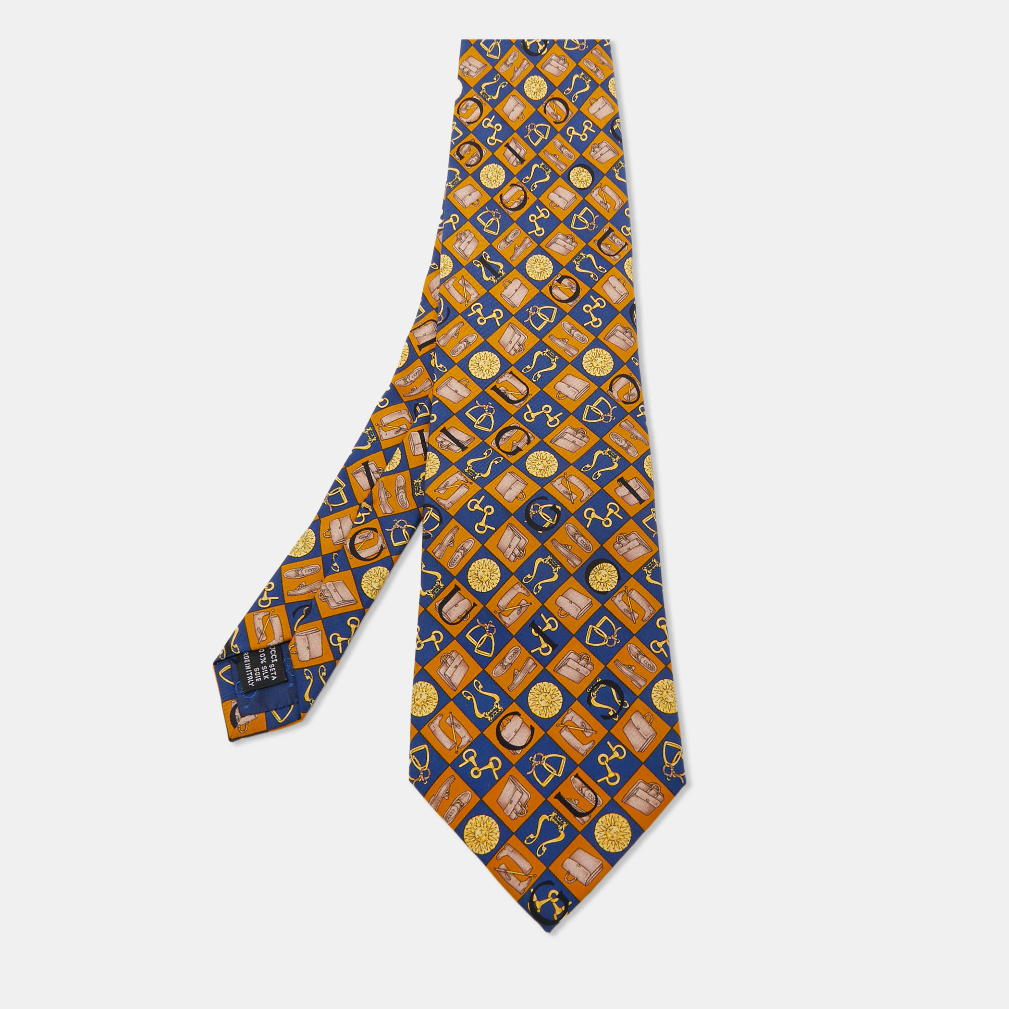 

Gucci Blue/Ochre Equestrian Print Silk Traditional Tie