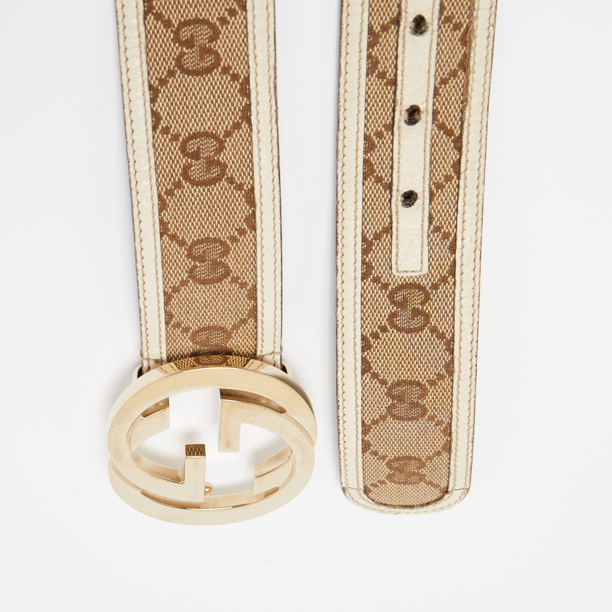

Gucci Beige/Offwhite GG Canvas and Leather Interlocking G Buckle Belt