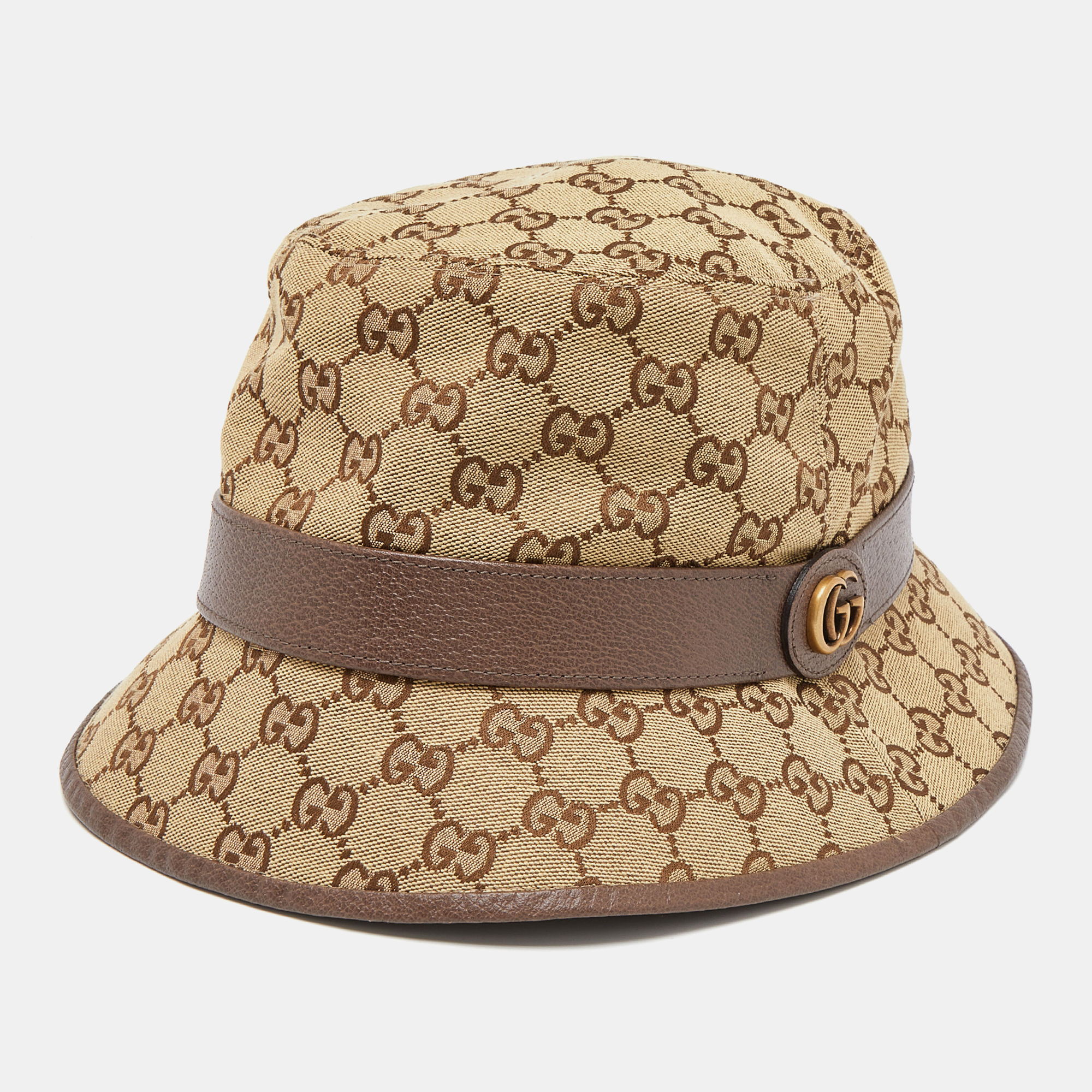 

Gucci Brown Logo Monogram Canvas Leather Trim Bucket Hat