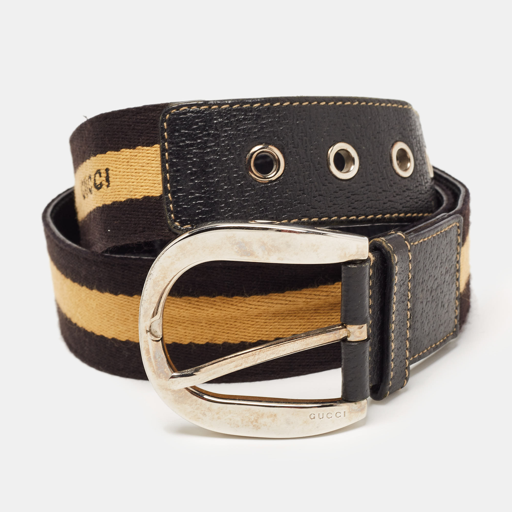

Gucci Brown/Yellow Web Canvas And Leather D Buckle Belt