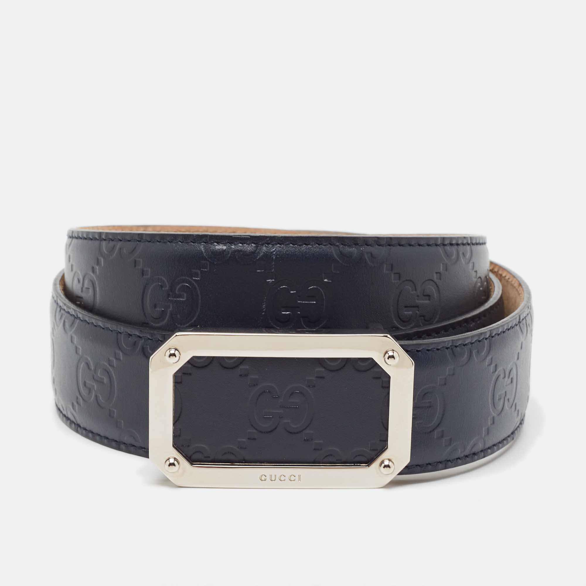 Pre Owned Gucci Navy Blue Guccissima Leather Square Buckle Belt 95CM