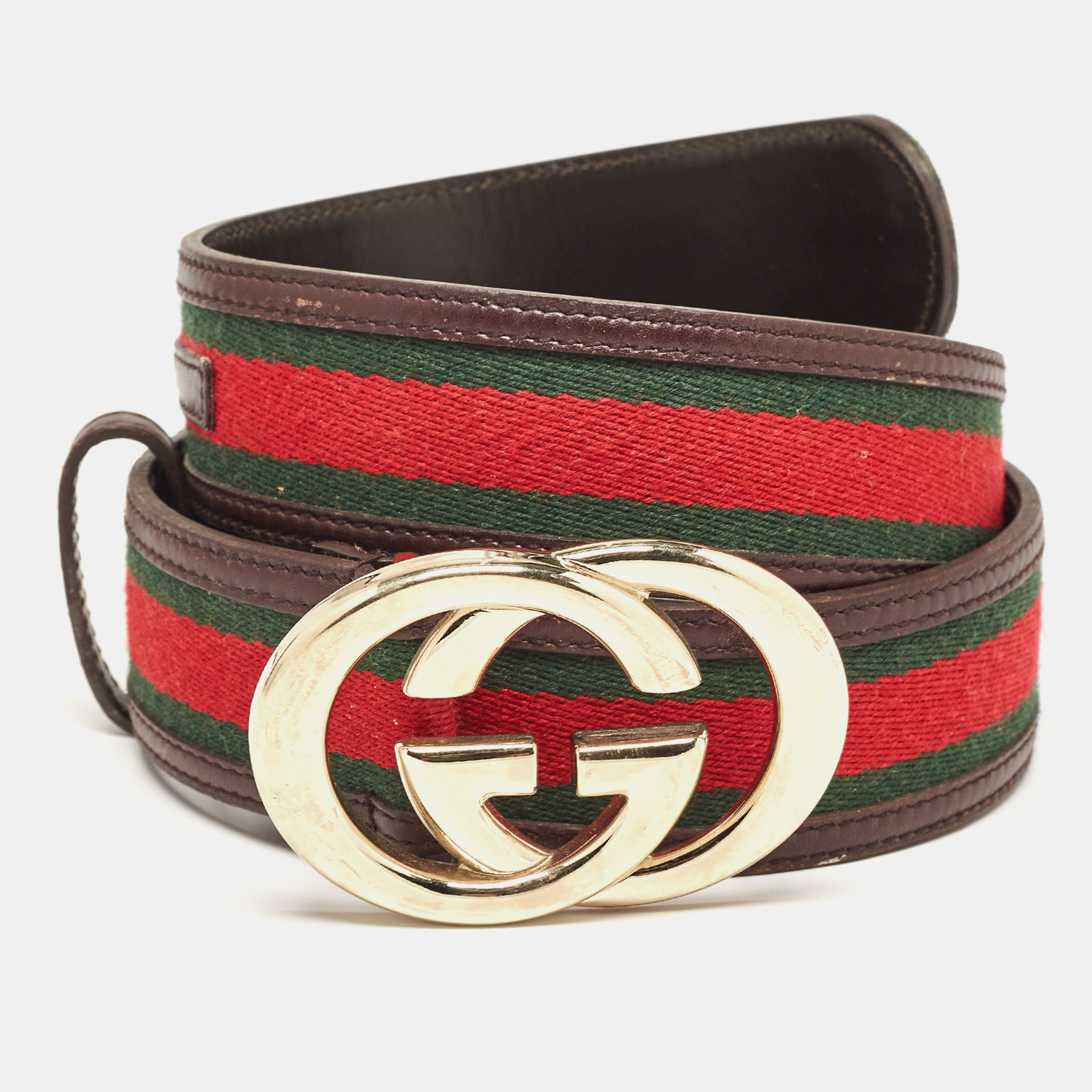 

Gucci Choco Brown Leather and Fabric Web Interlocking G Buckle Belt