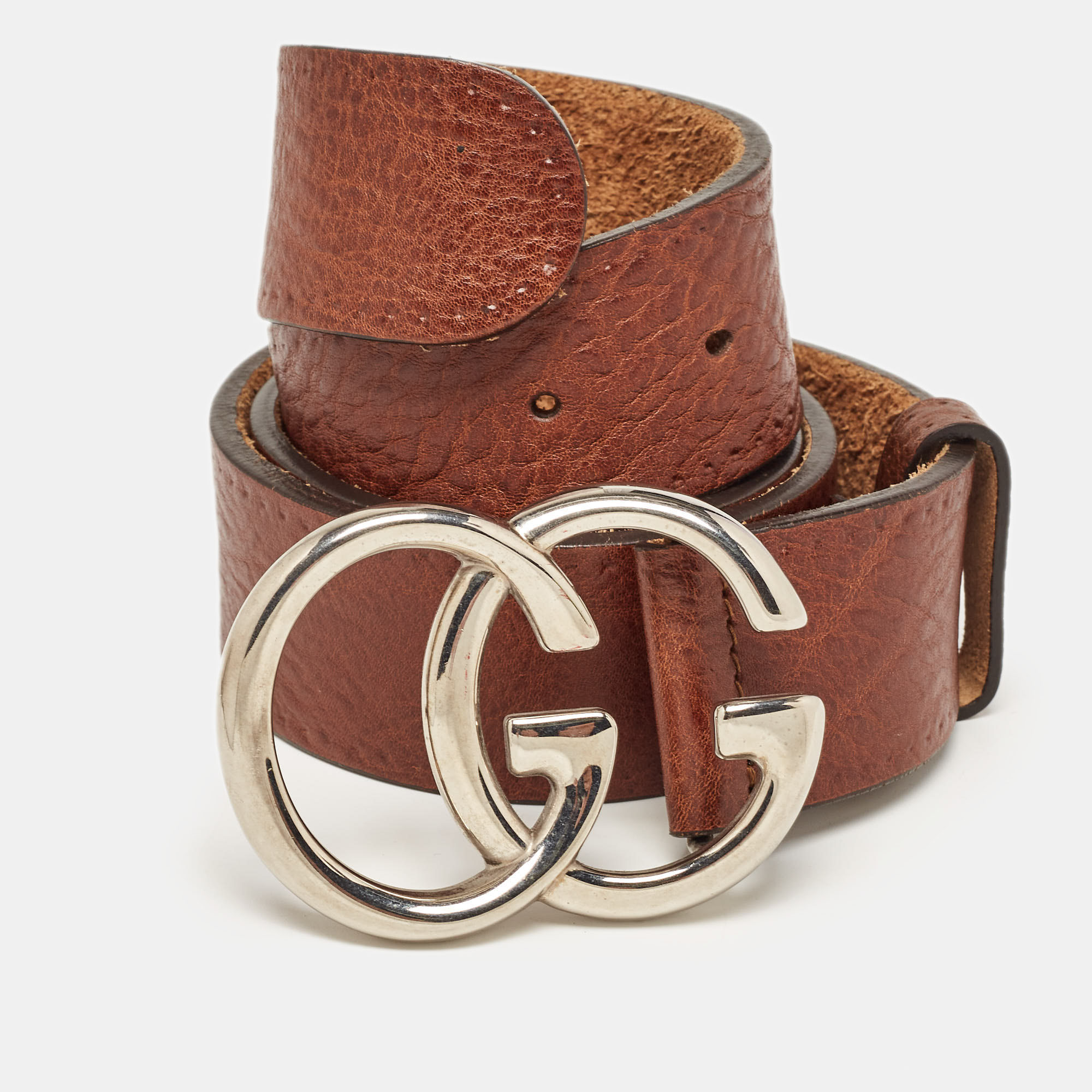 Pre Owned Gucci Dark Brown Leather Interlocking G Buckle Belt 90CM