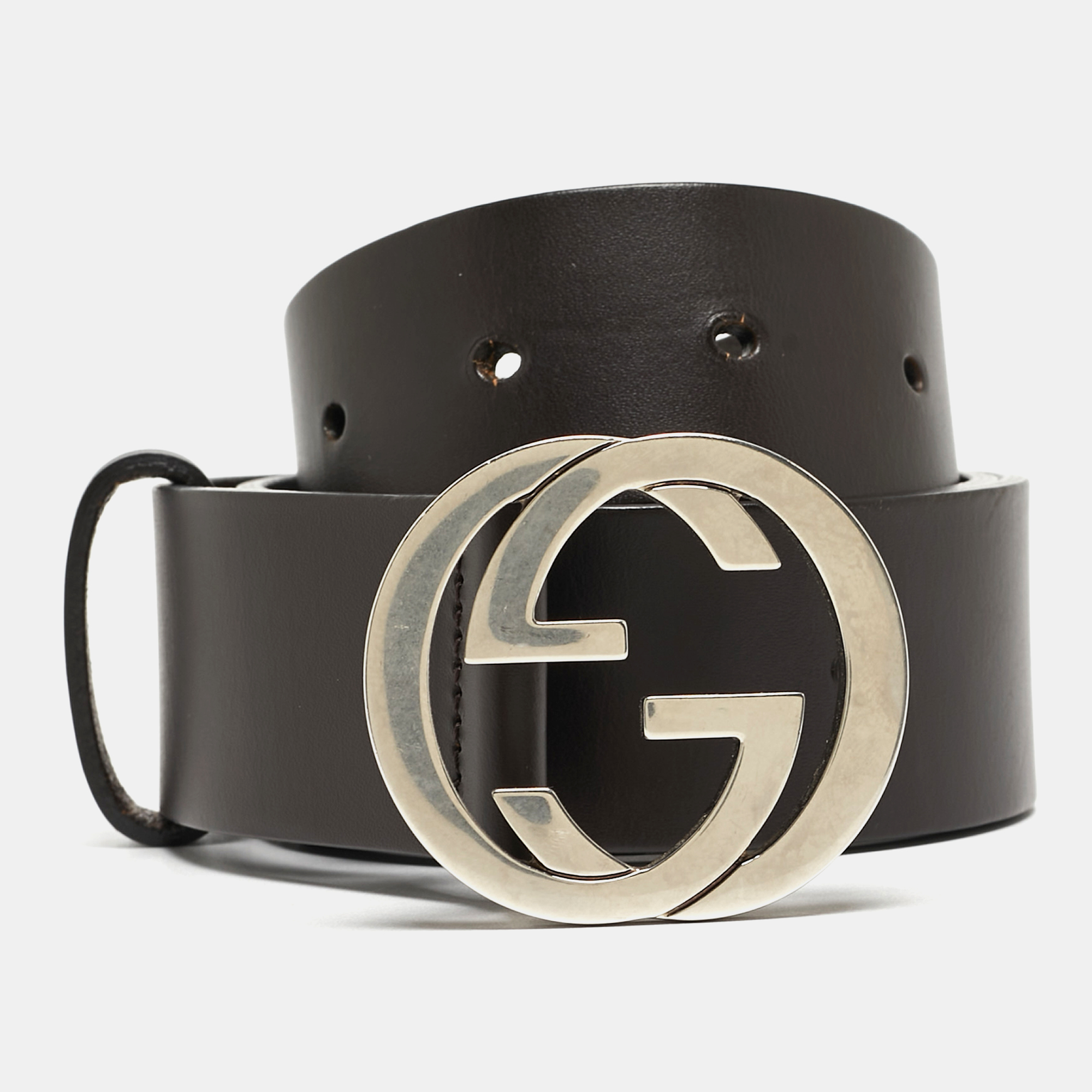 Pre-owned Gucci Dark Brown Leather Interlocking G Buckle Belt 85cm