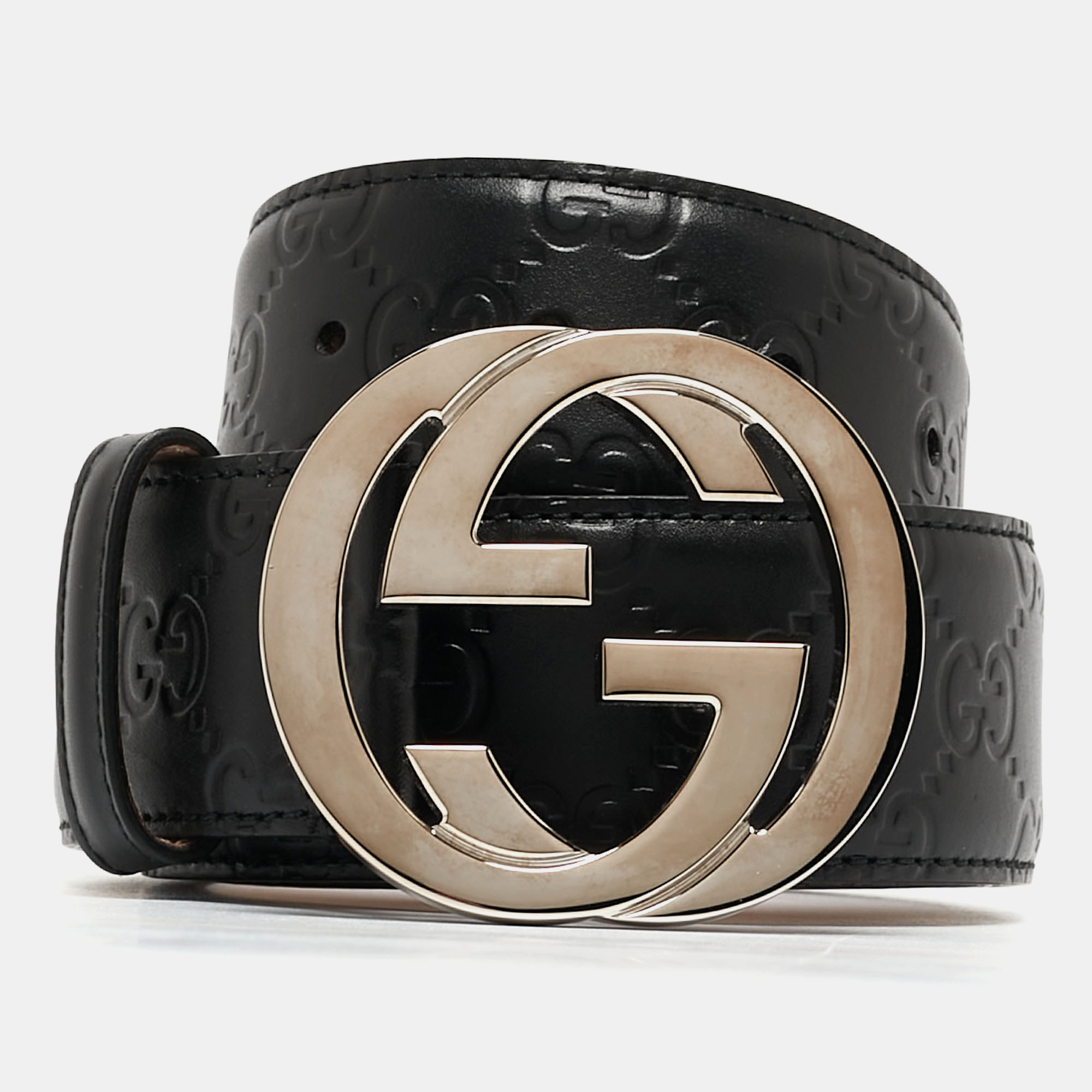 مملوكة مسبقًا Gucci Black Guccissima Leather Interlocking G Belt 90CM