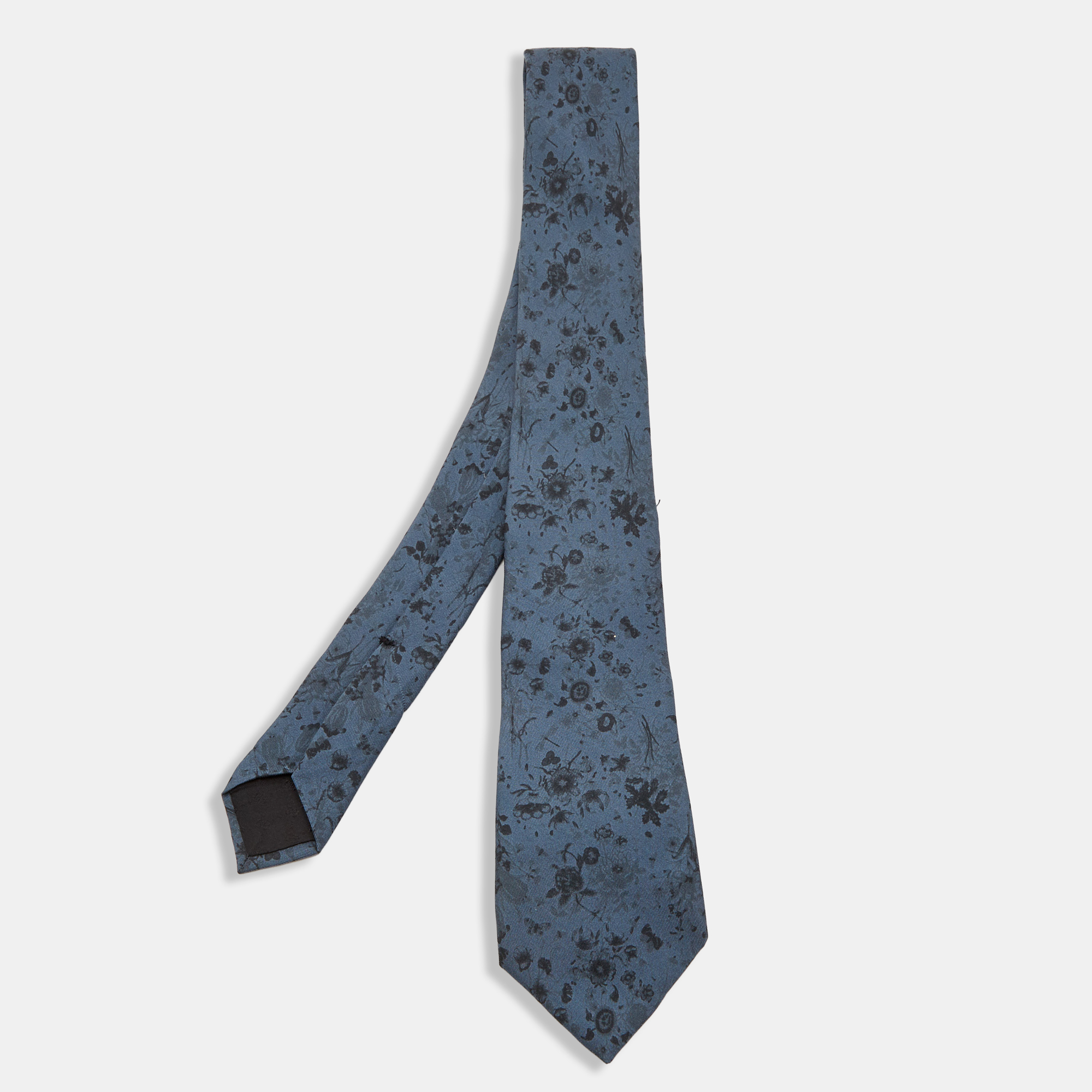 Pre-owned Gucci Blue Floral Print Silk Skinny Tie
