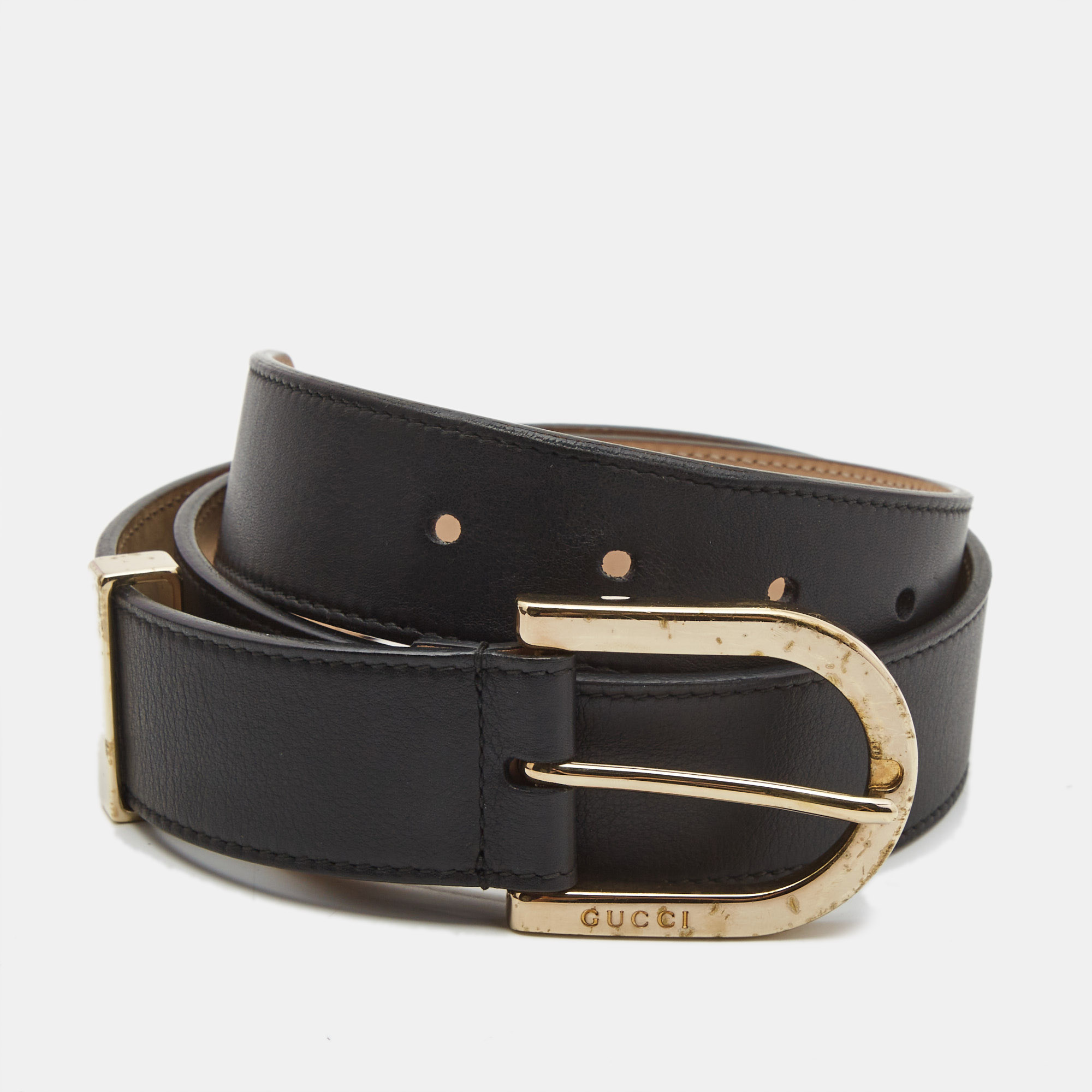 Pre-owned Gucci Black Leather Buckle Belt 80cm