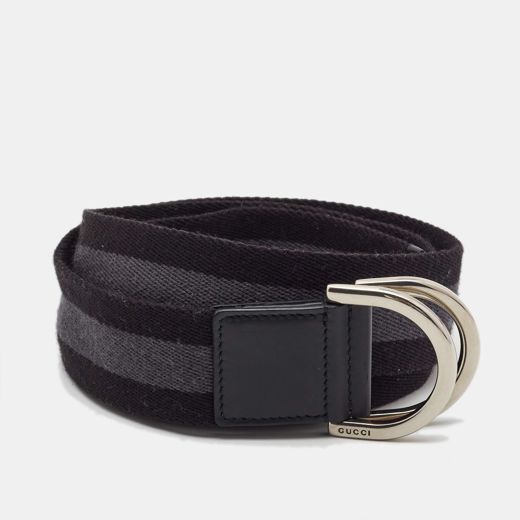 Pre-owned Gucci Black/grey Canvas Stripe D Ring Belt 90cm