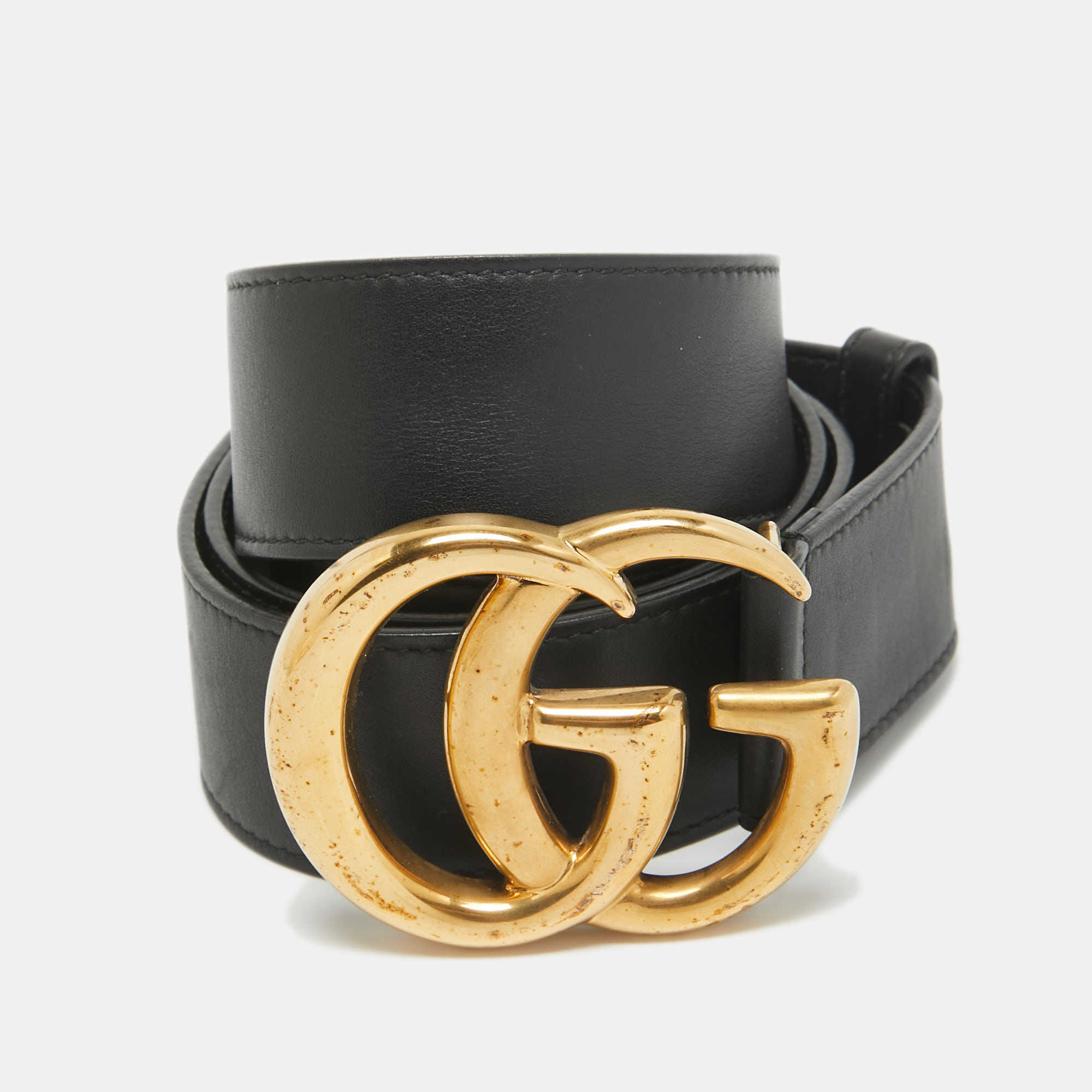 Pre-owned Gucci Black Leather Gg Marmont Buckle Belt 105cm