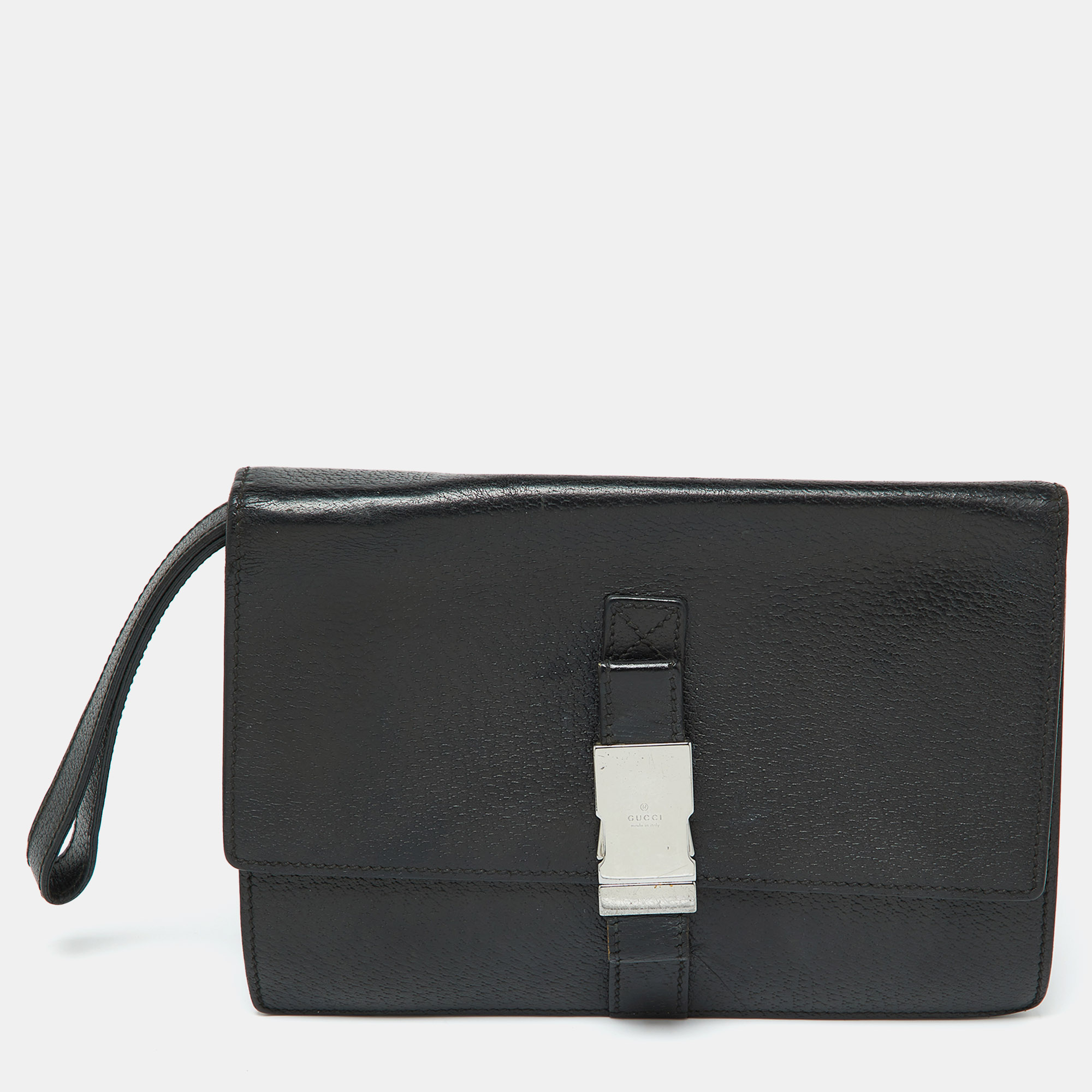 

Gucci Black Leather Flap Wristlet Pouch