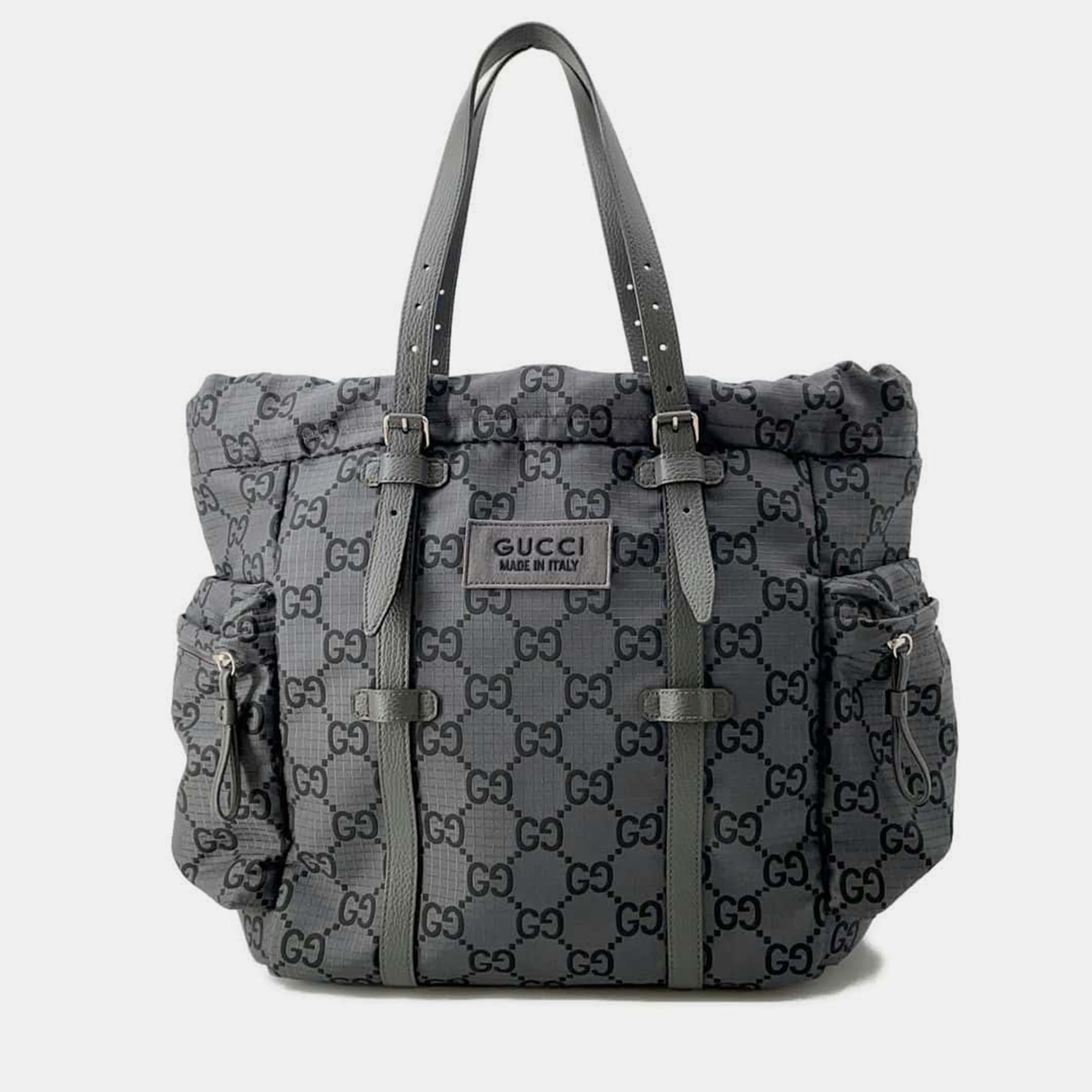 

Gucci Gray GG Nylon Leather Ripstop Tote Bag, Grey