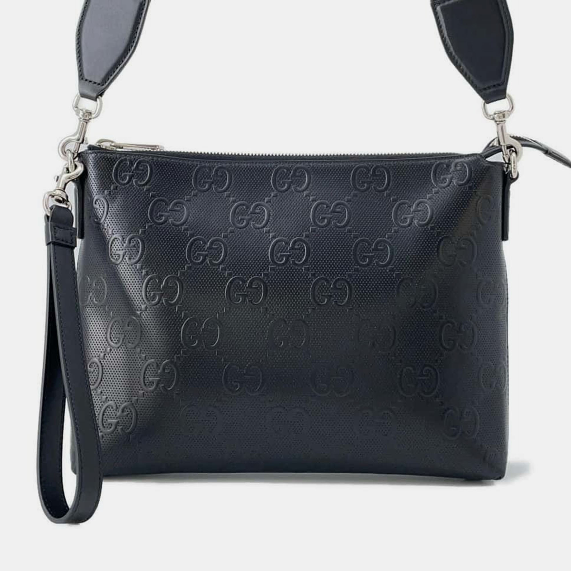 

Gucci Black Leather GG-embossed messenger bag