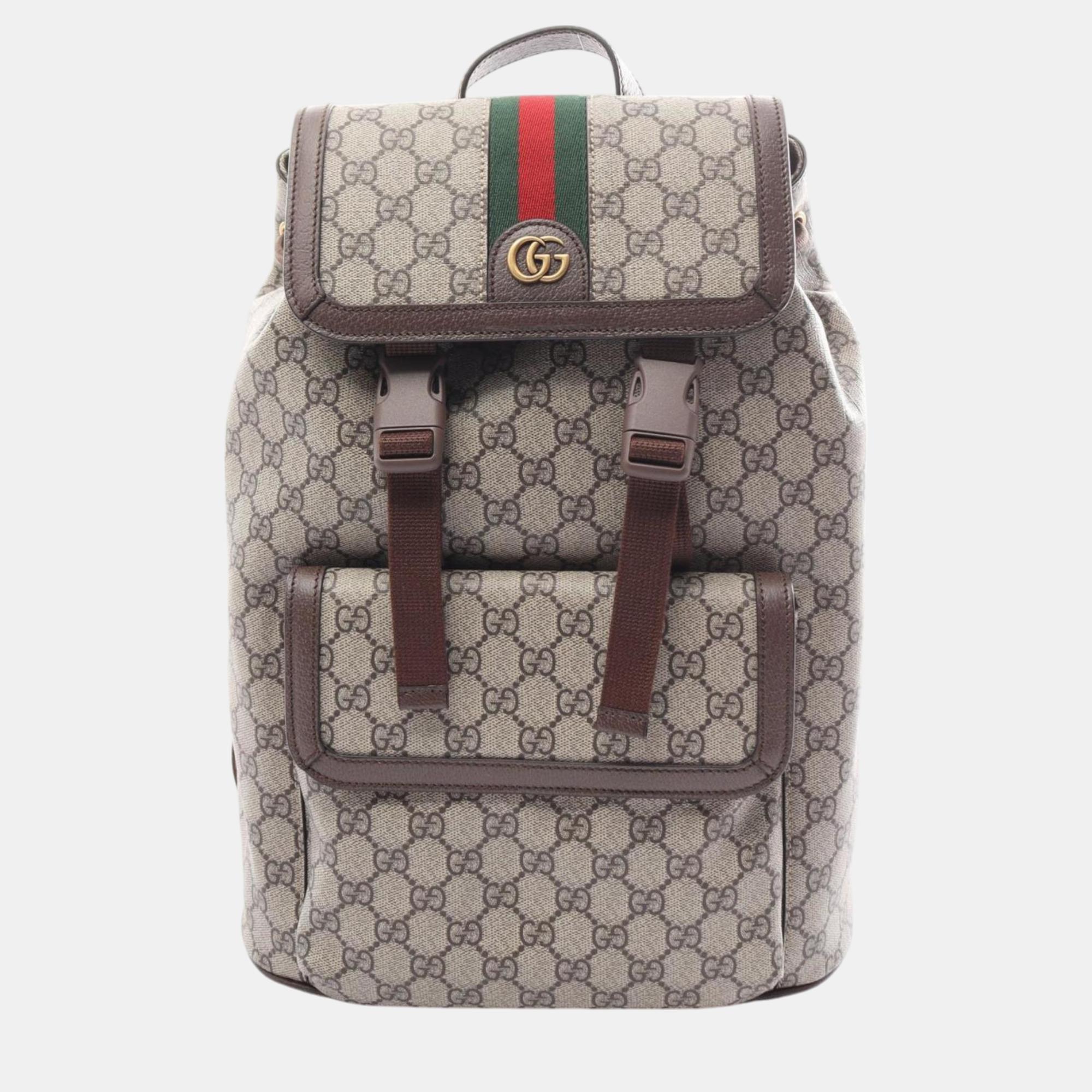 Pre-owned Gucci Beige Brown Multicolor Coated Canvas Leather Ophidia Gg Supreme Backpack