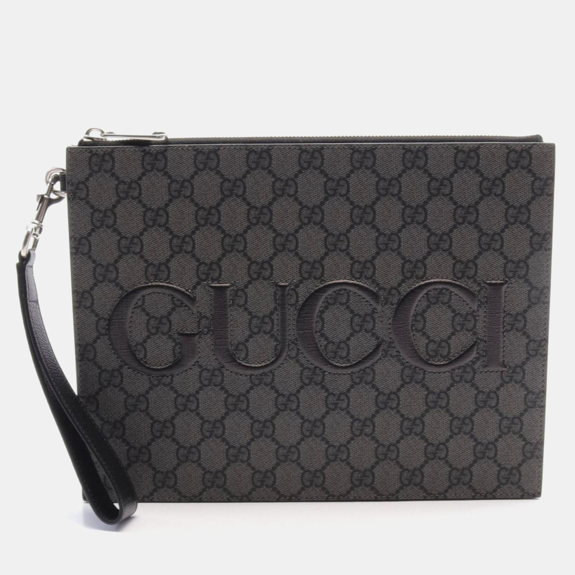 

Gucci Coated Canvas Leather Gray Black GG Supreme Clutch Bag, Grey