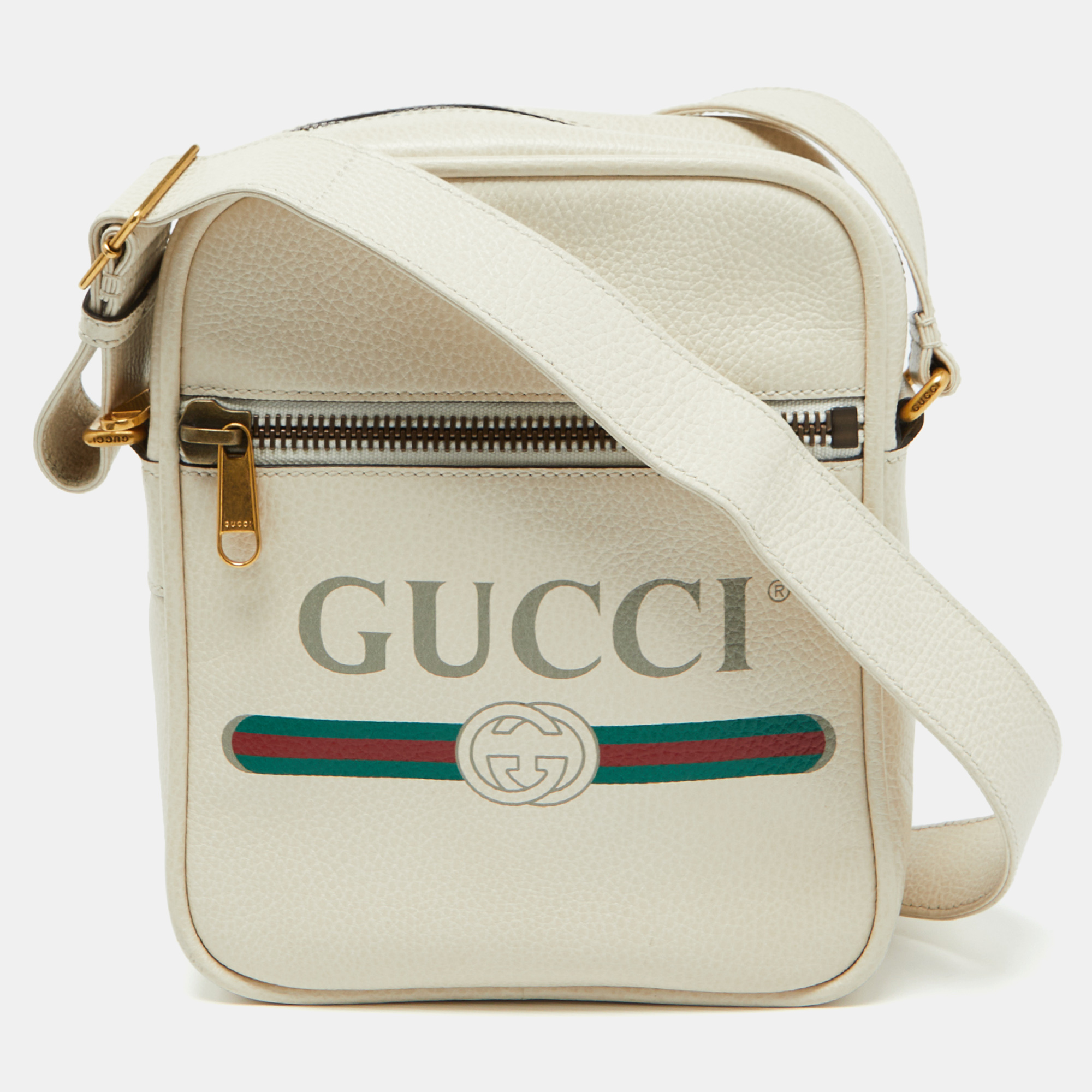 

Gucci White Leather Logo Print Messenger Bag