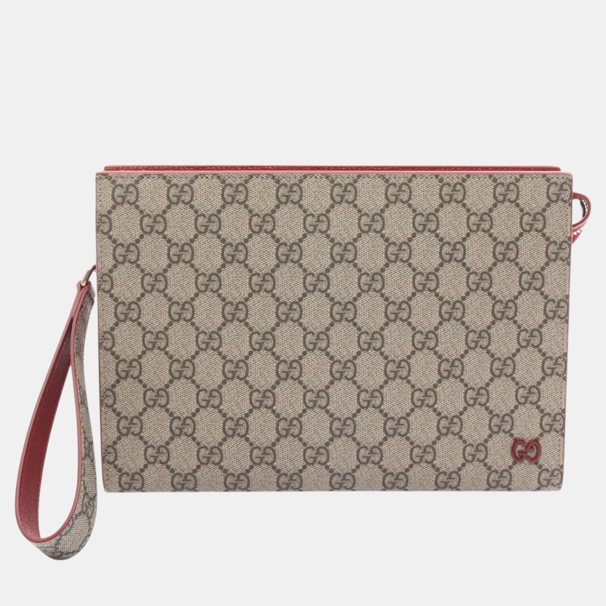 

Gucci Coated Canvas Leather Beige Bordeaux Gg Supreme Second Clutch Bag