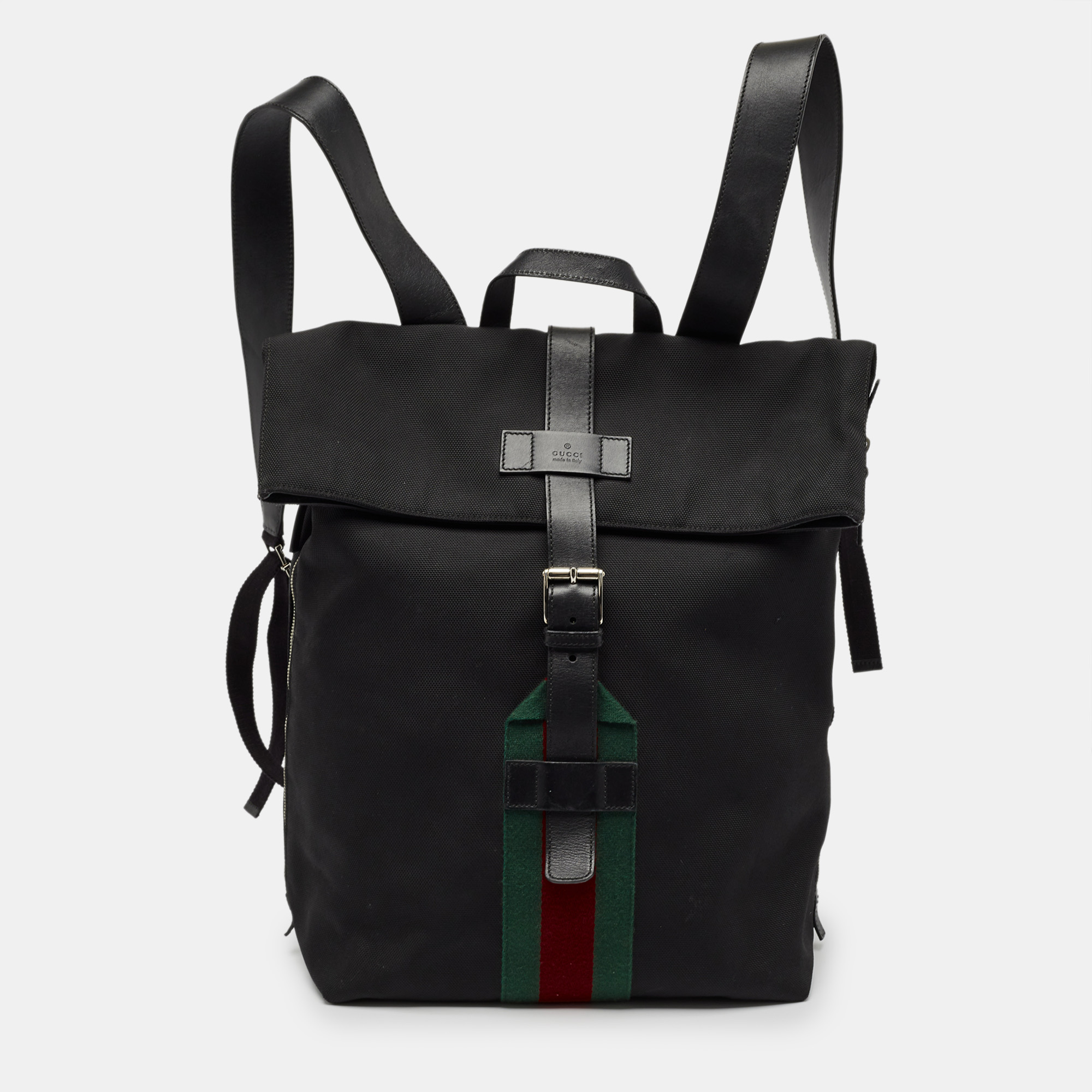 

Gucci Black Leather and Nylon Web Fold Over Backpack