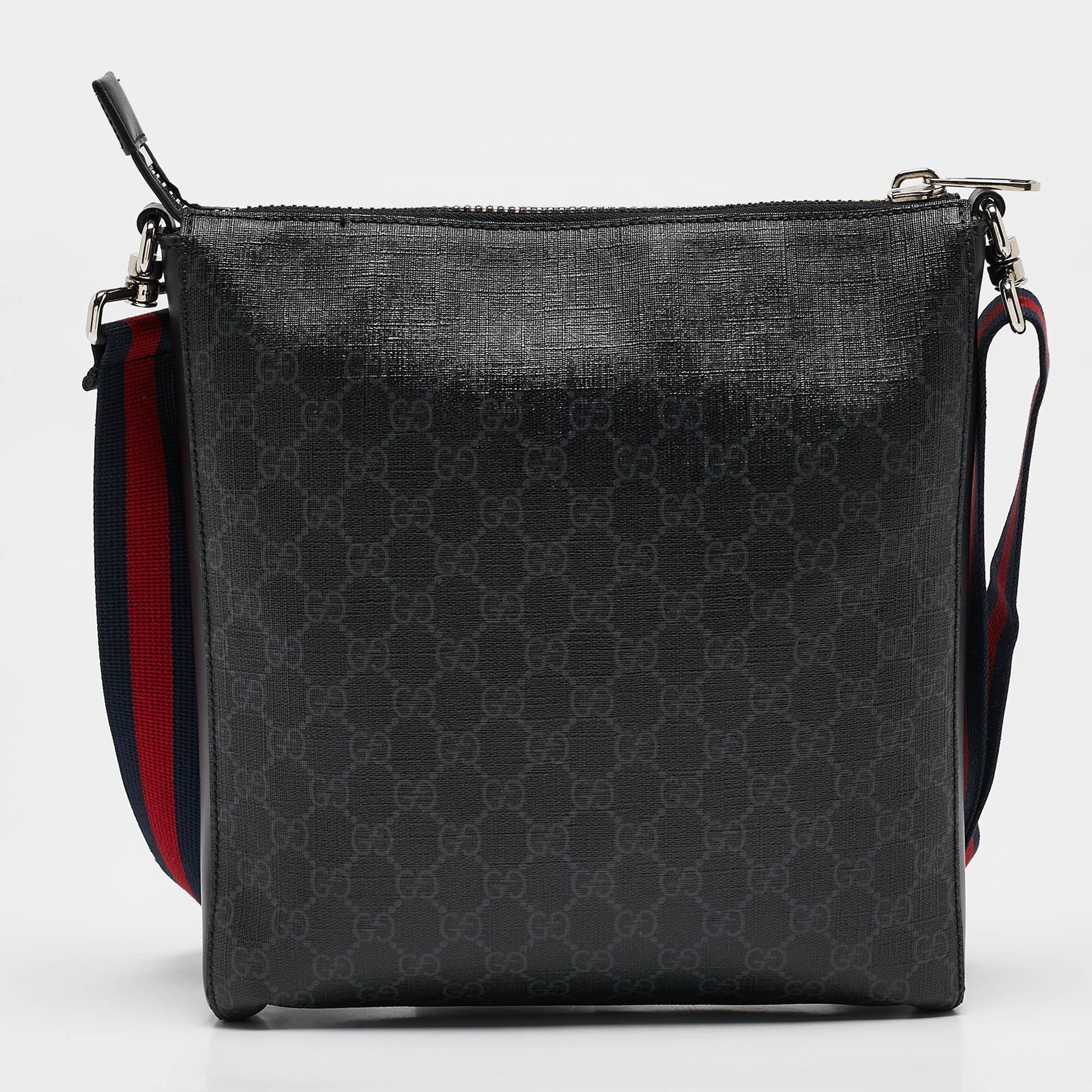 Gucci Black GG Supreme Canvas and Leather Flat Messenger Bag 