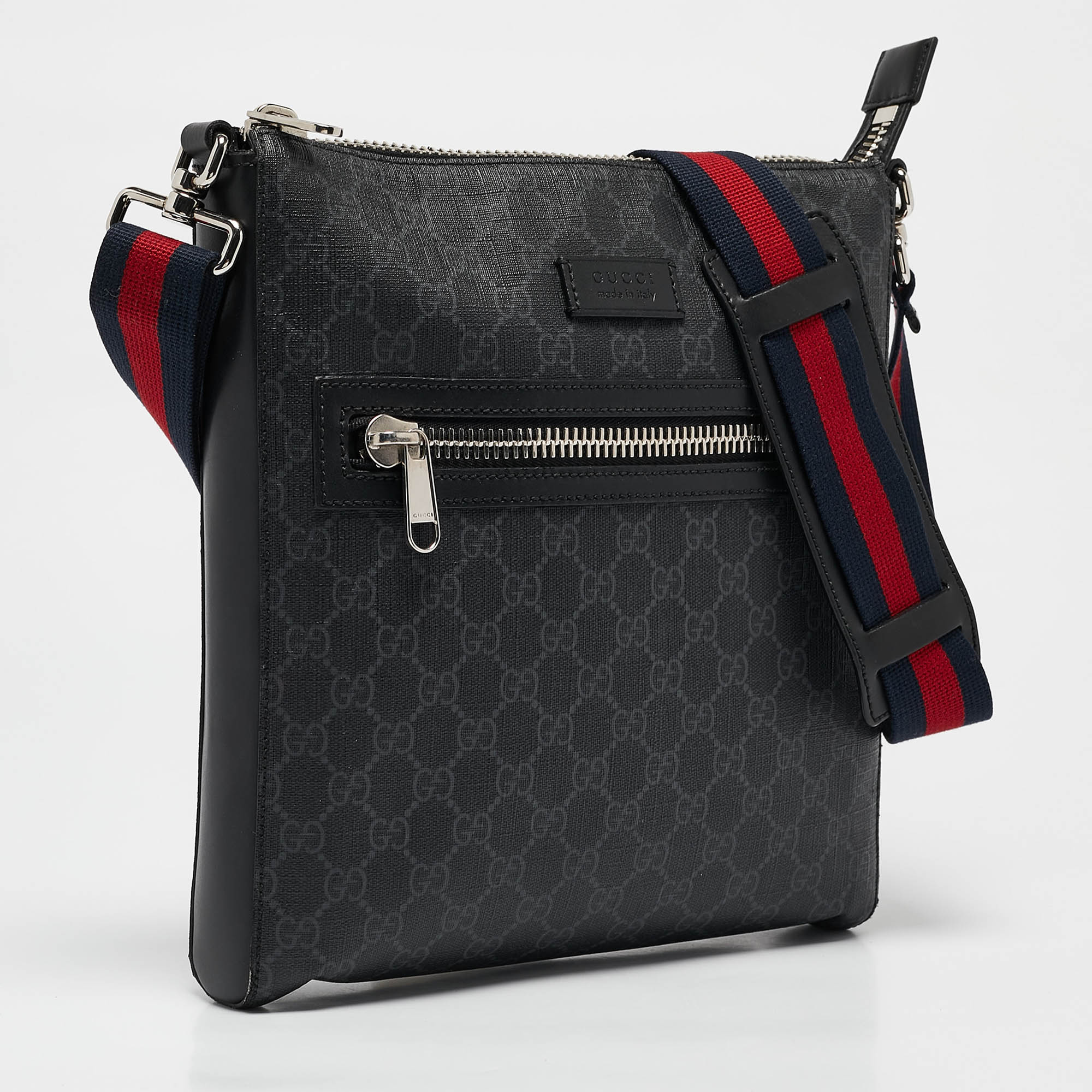 Gucci Black GG Supreme Canvas and Leather Flat Messenger Bag 