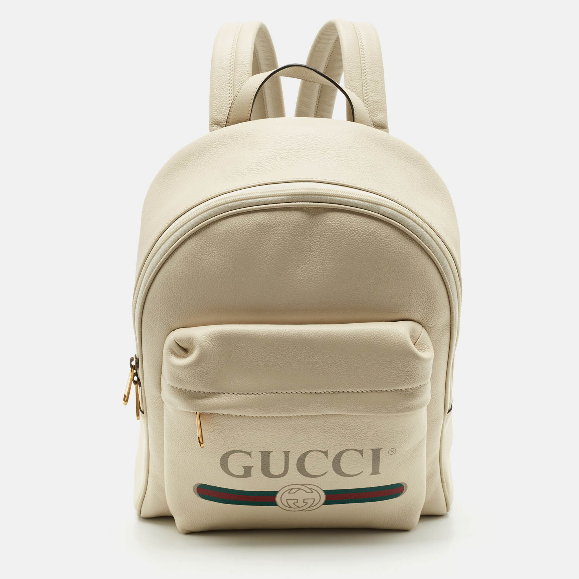 

Gucci Off White Leather Logo Print Backpack