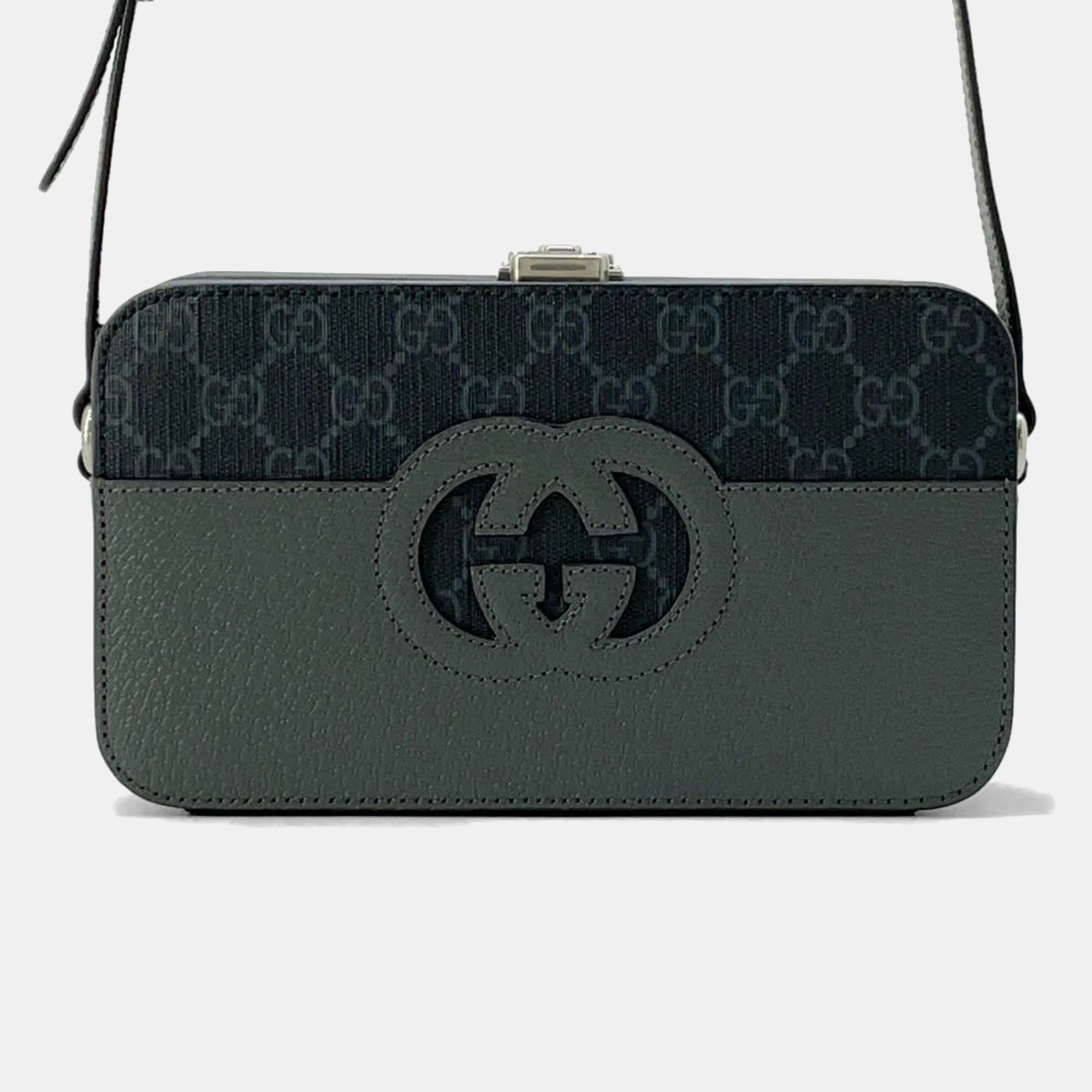 

Gucci Cutout Interlocking G Shoulder Bag Gray/Black Gg Supremecanvas Leather