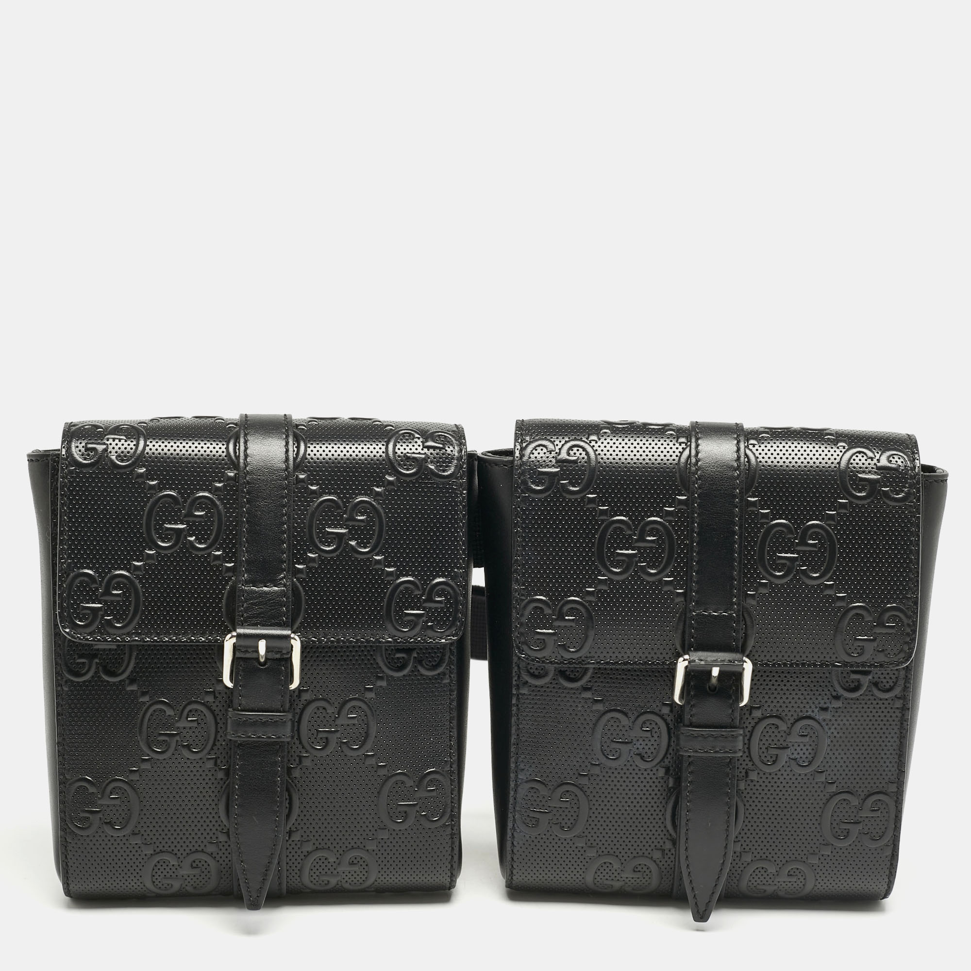 

Gucci Black GG Embossed Perforated Leather Double Belt Bag