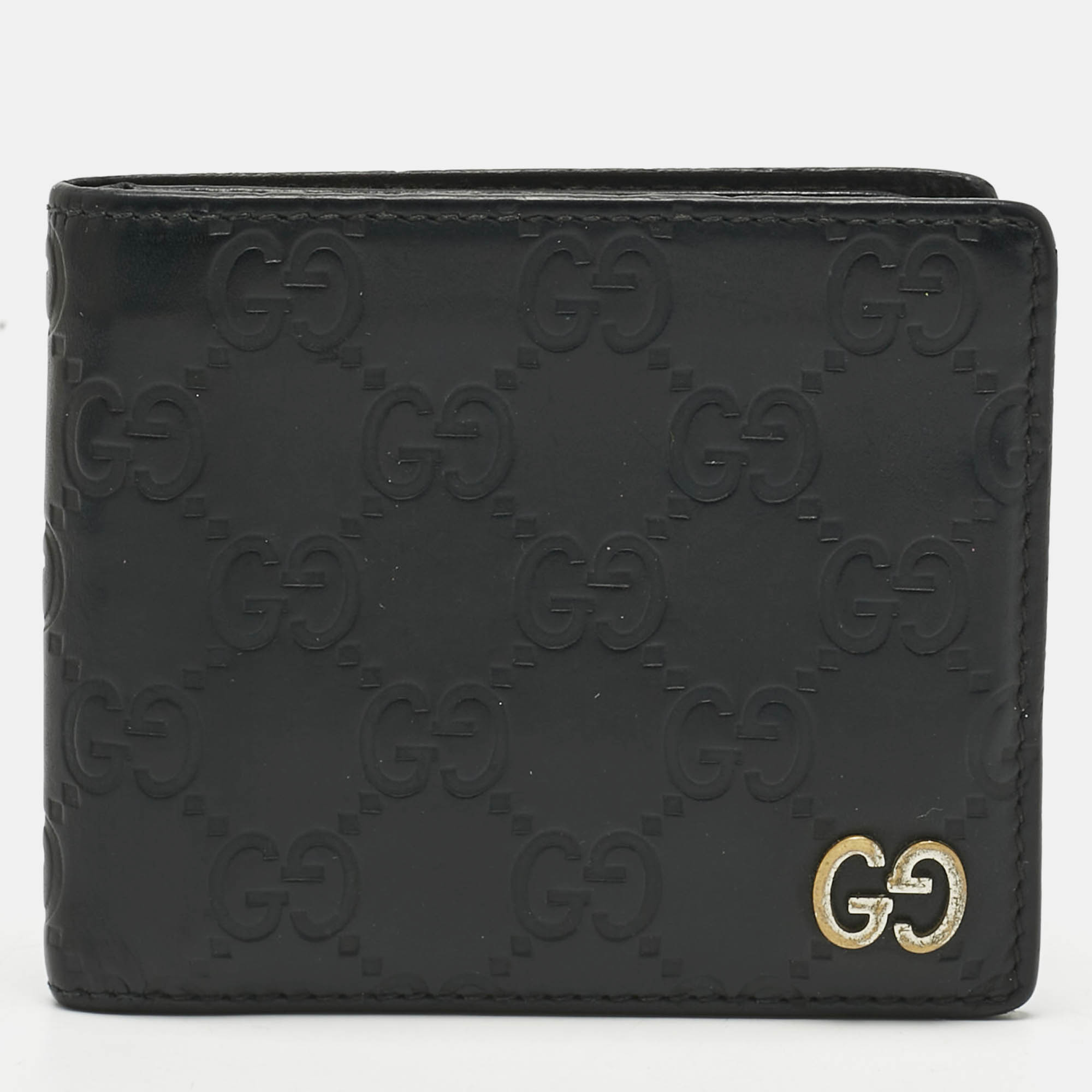 Pre-owned Gucci Ssima Leather Interlocking G Bifold Wallet In Black