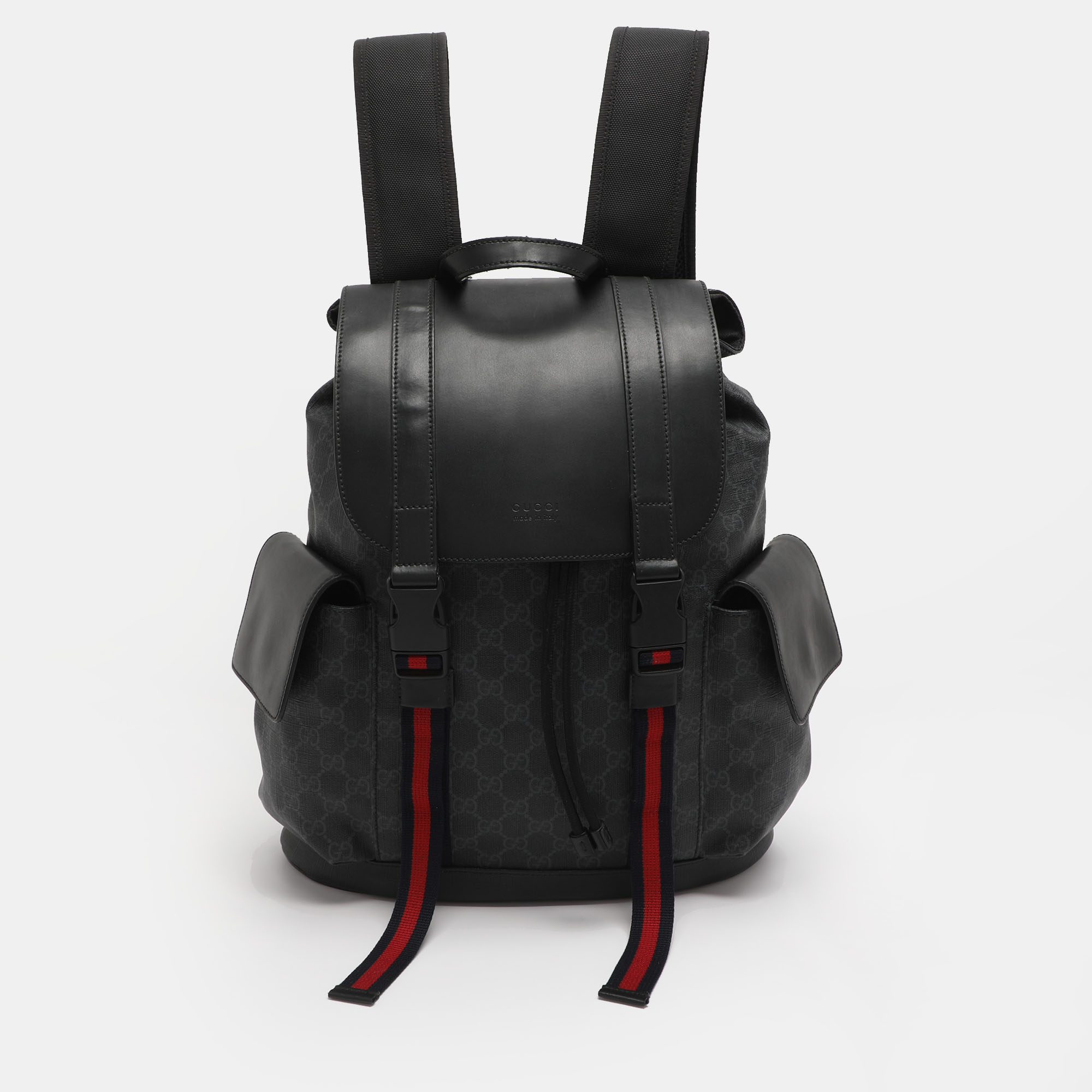 

Gucci Black Soft GG Supreme Canvas and Leather Large Drawstring Backpack