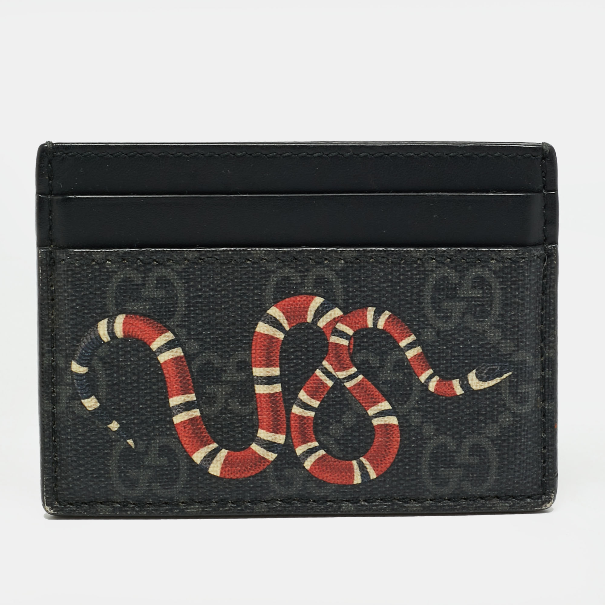 Pre-owned Gucci Kingsnake Black Gg Supreme Canvas And Leather Card Holder