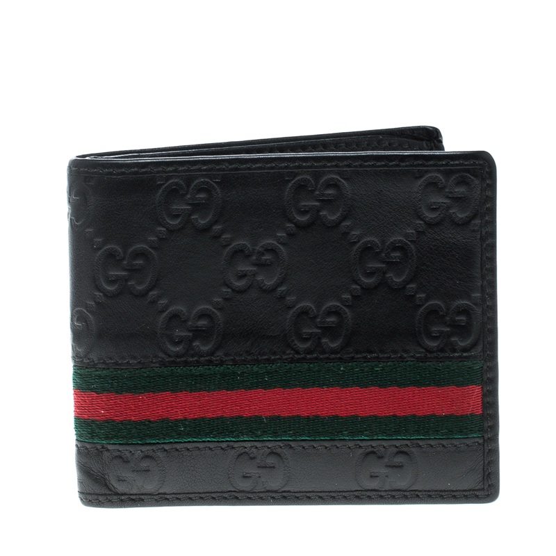 Pre Owned Gucci Black Guccissima Leather Web Bifold Wallet