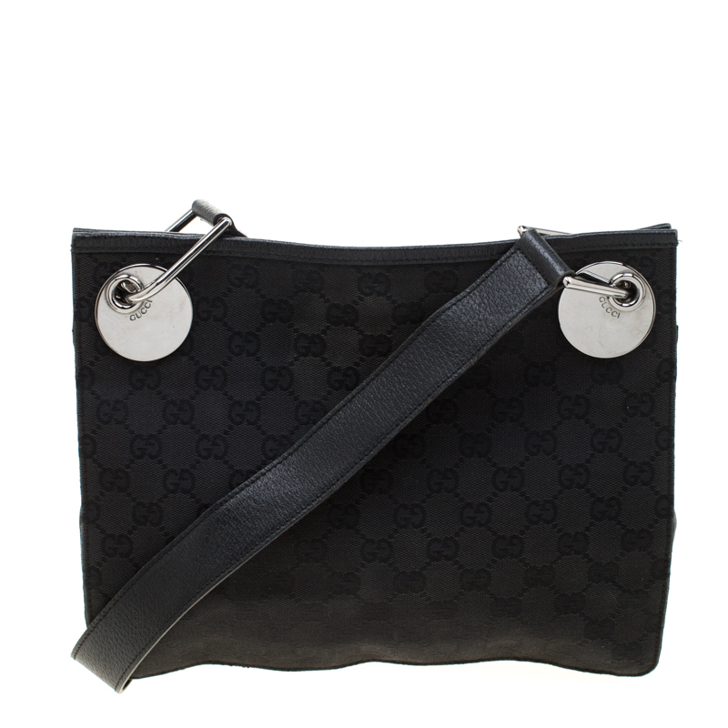 Gucci Black GG Canvas and Leather Messenger Bag
