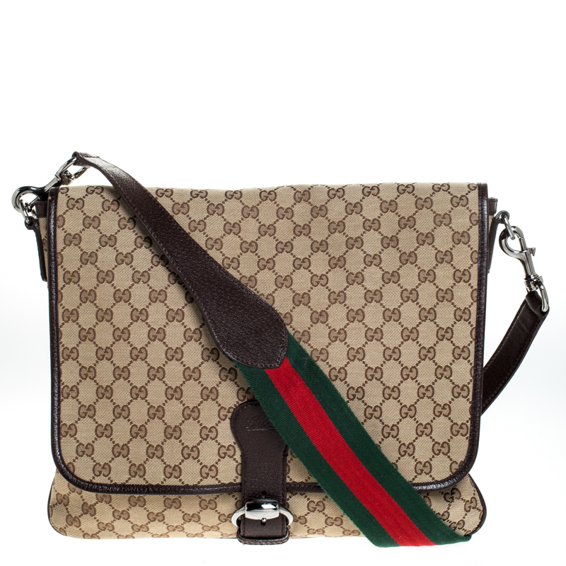 Gucci Beige/Brown GG Canvas and Leather Web Flap Messenger Bag